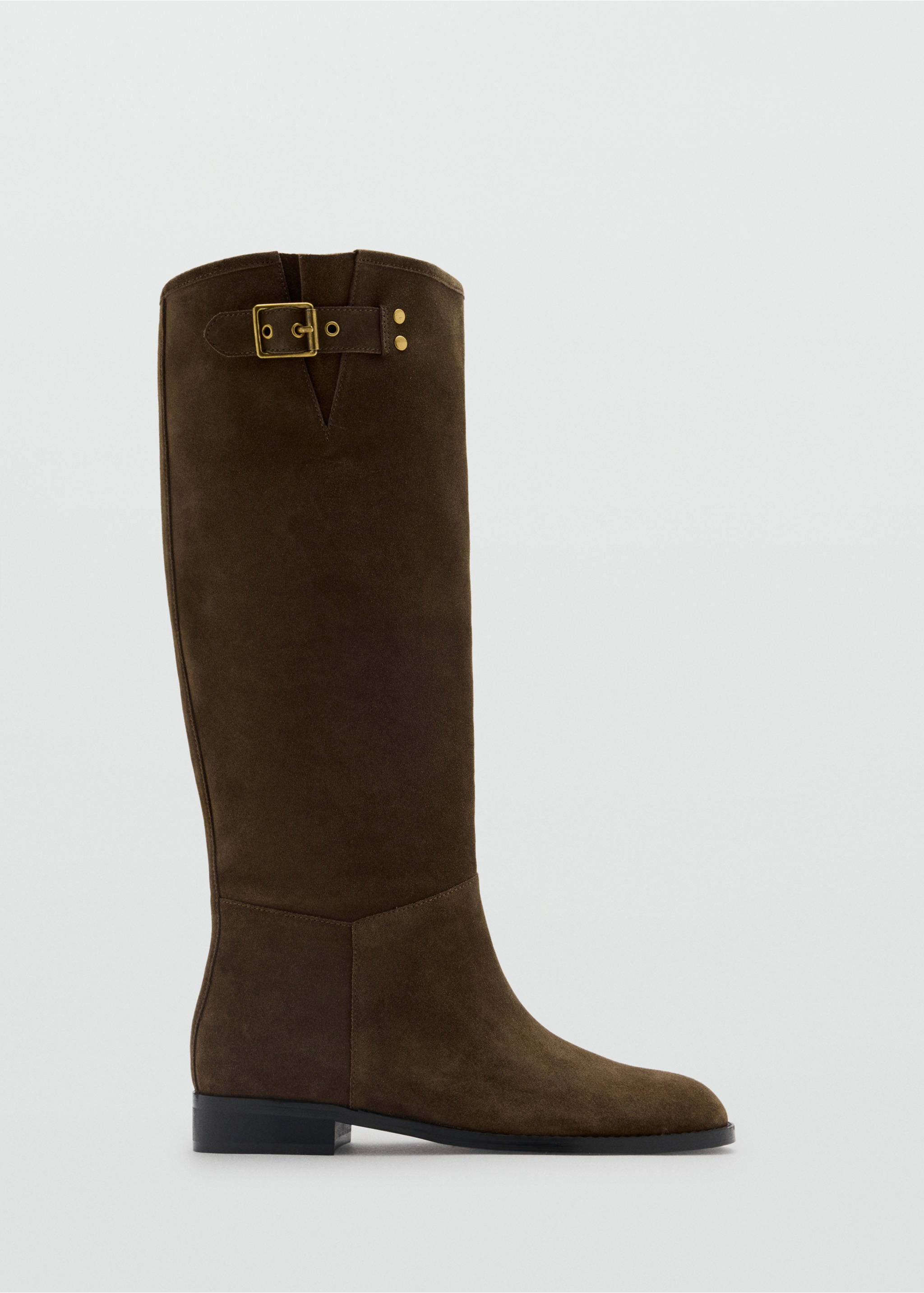 Dark brown suede knee-high boot with a flat heel and gold-toned buckle., Medium Brown. Ref: 47041337-00.