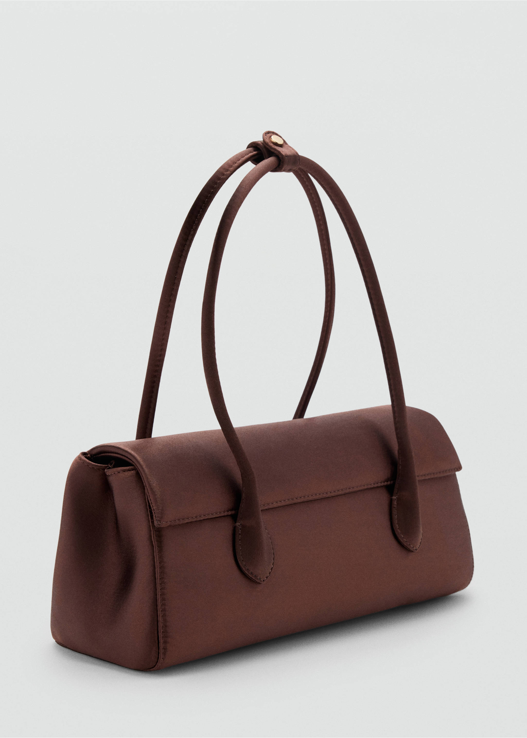 Brown satin shoulder bag with structured horizontal shape and long thin straps., Brown. Ref: 47041346-00.