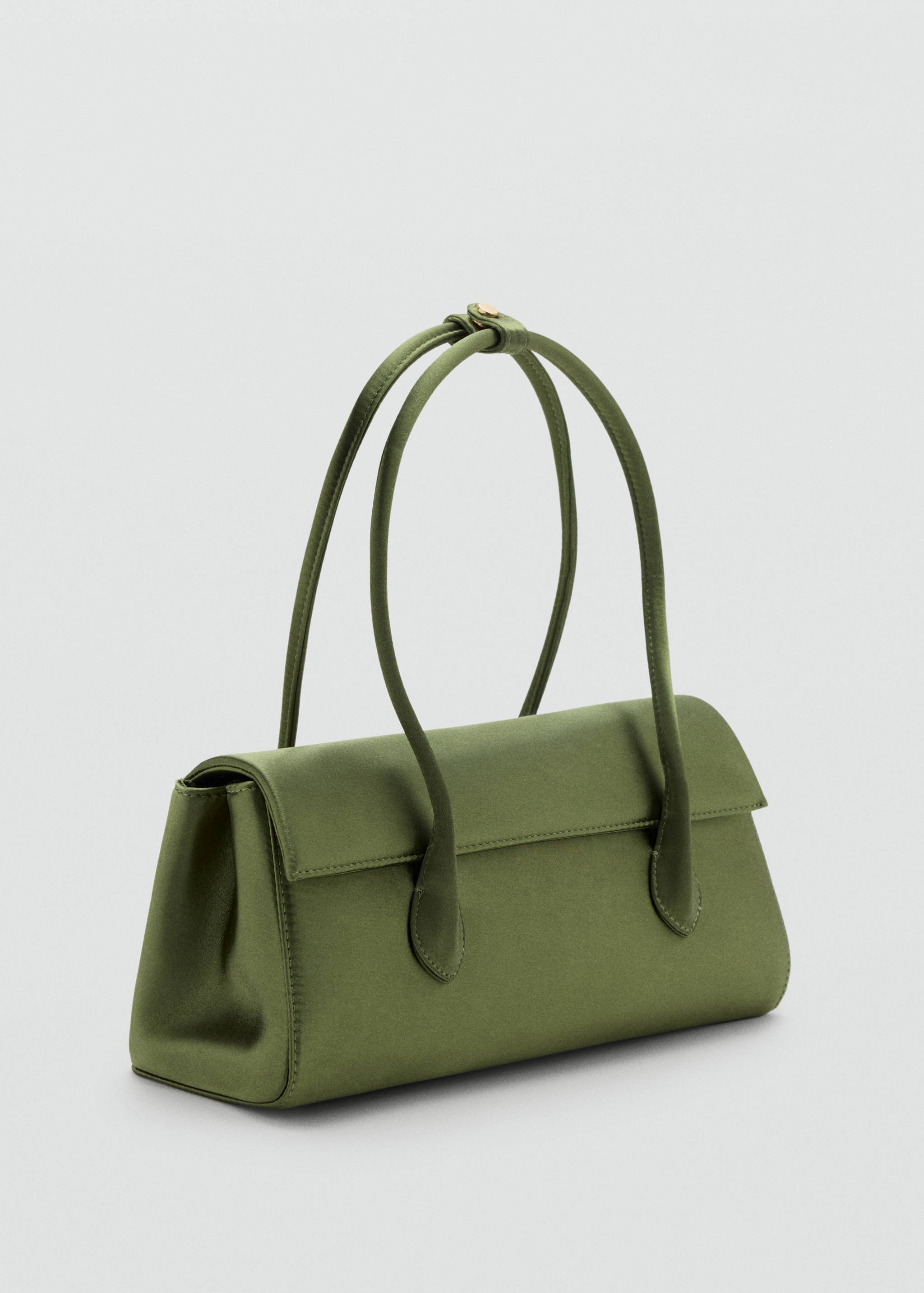 Olive green satin shoulder bag with flap closure and twin straps.