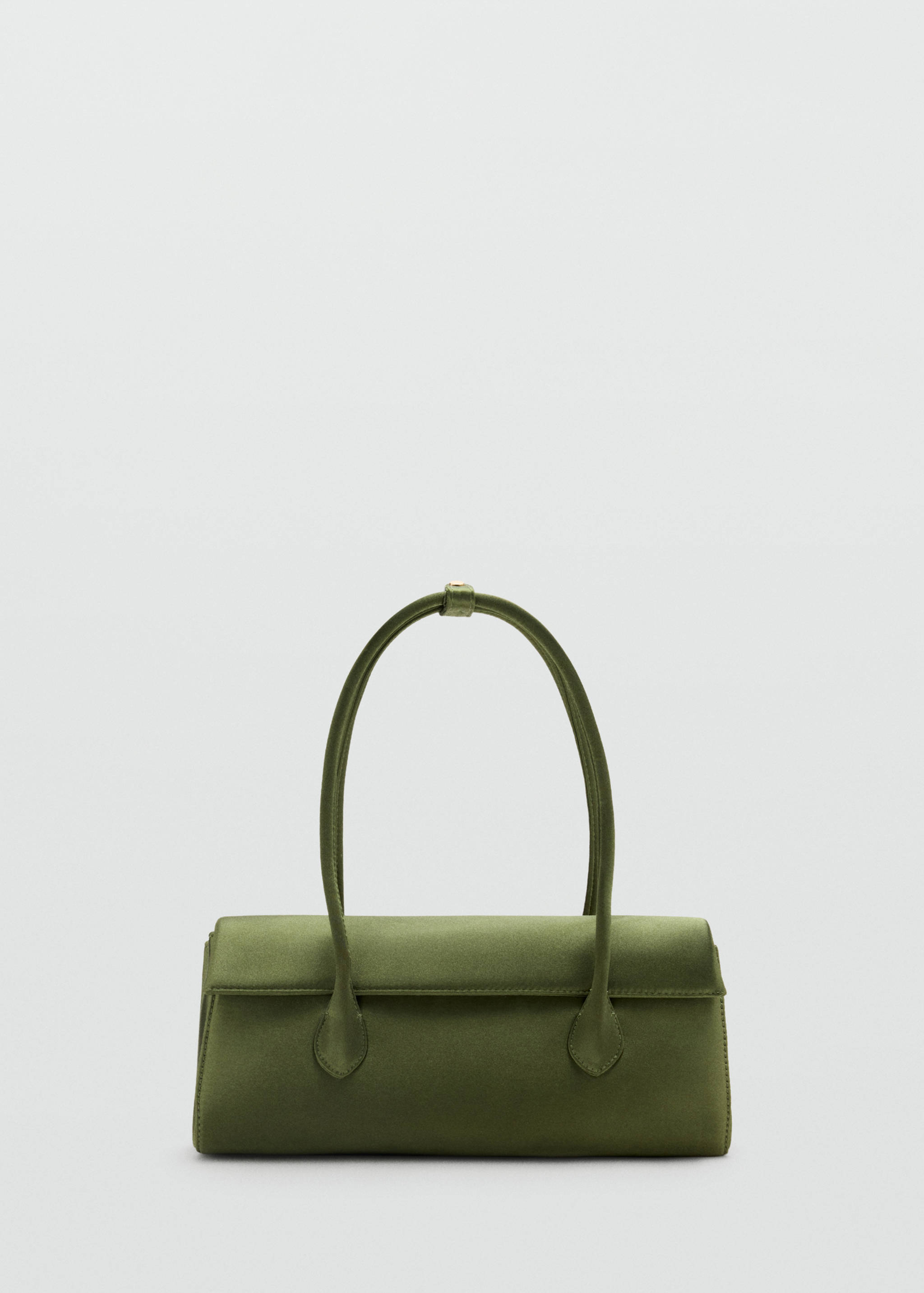 Olive green satin shoulder bag with a structured rectangular shape and slender strap.