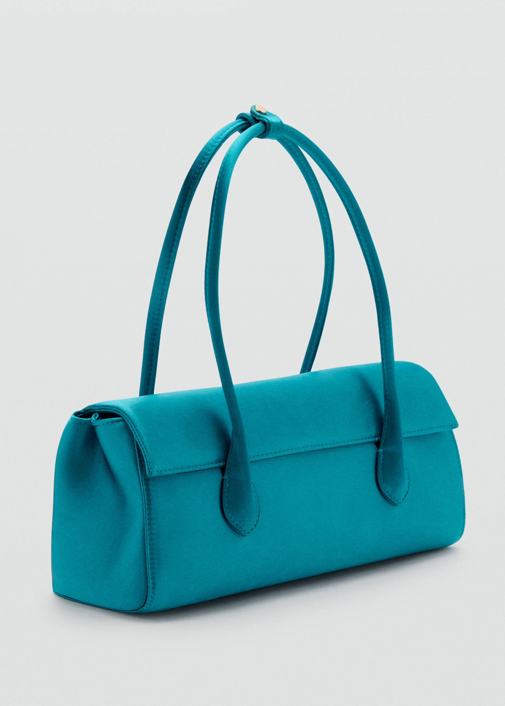 Turquoise satin shoulder bag with structured rectangular design and double straps.