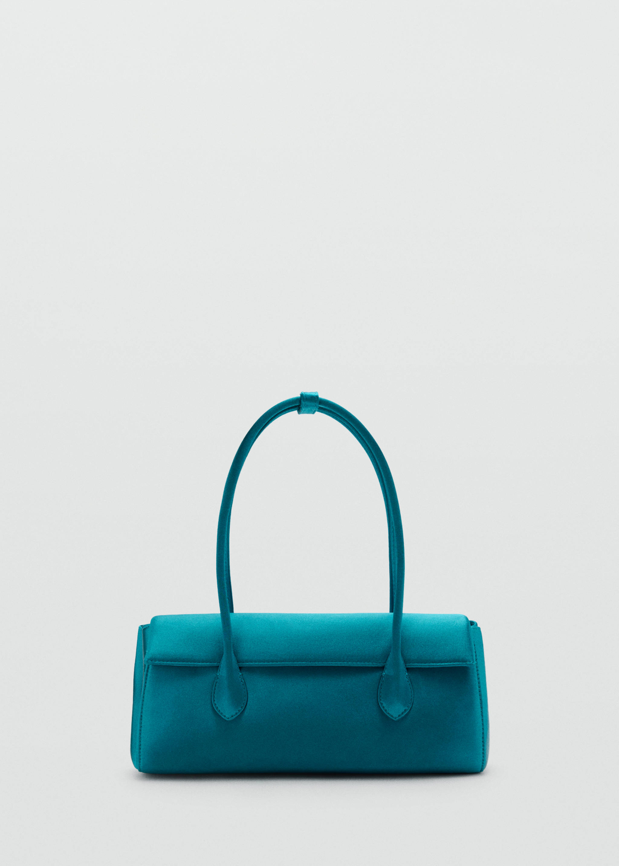 Teal structured satin shoulder bag with flap closure and twin handles.