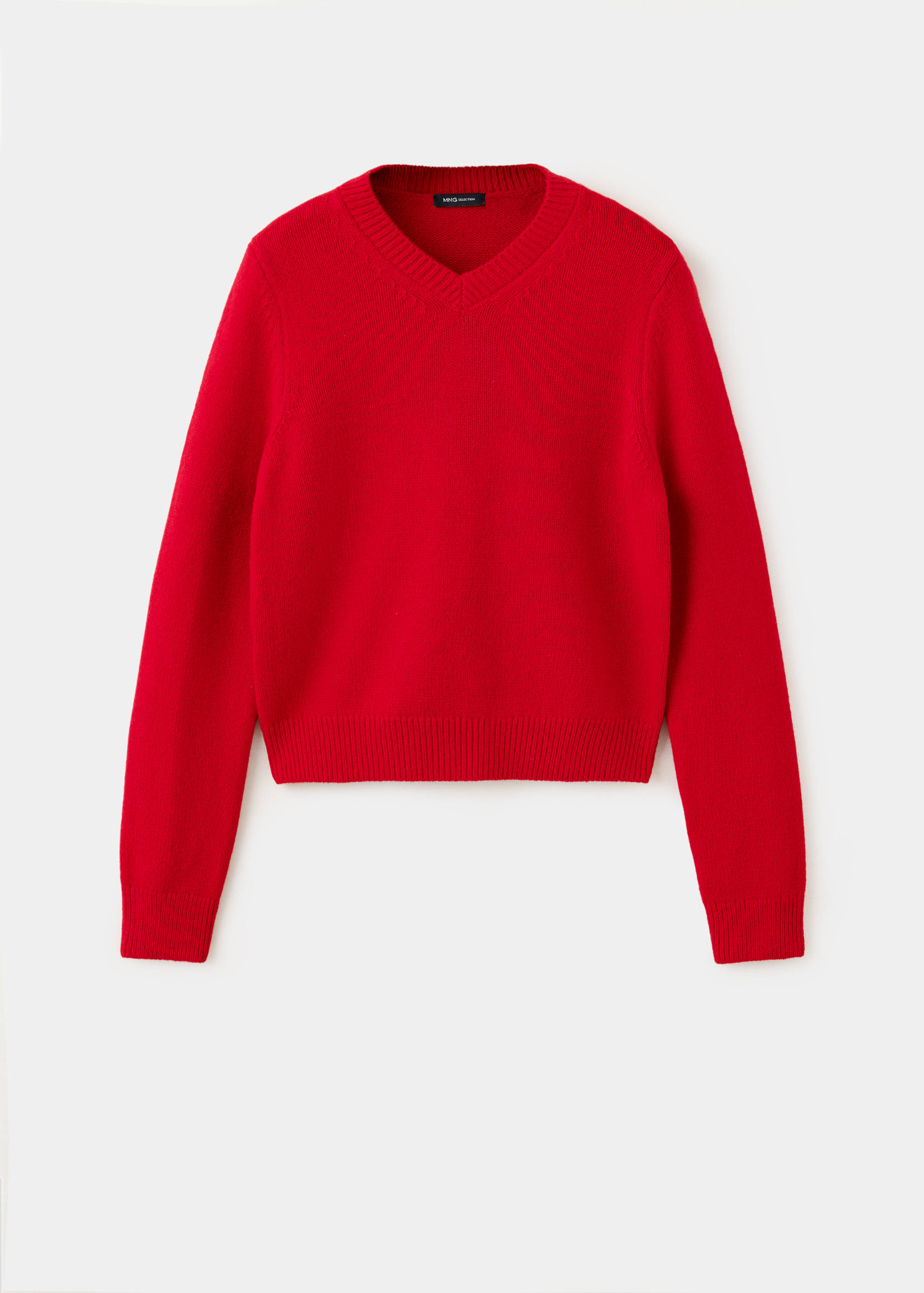 Red knitted V-neck jersey with ribbed trims in a still-life view.