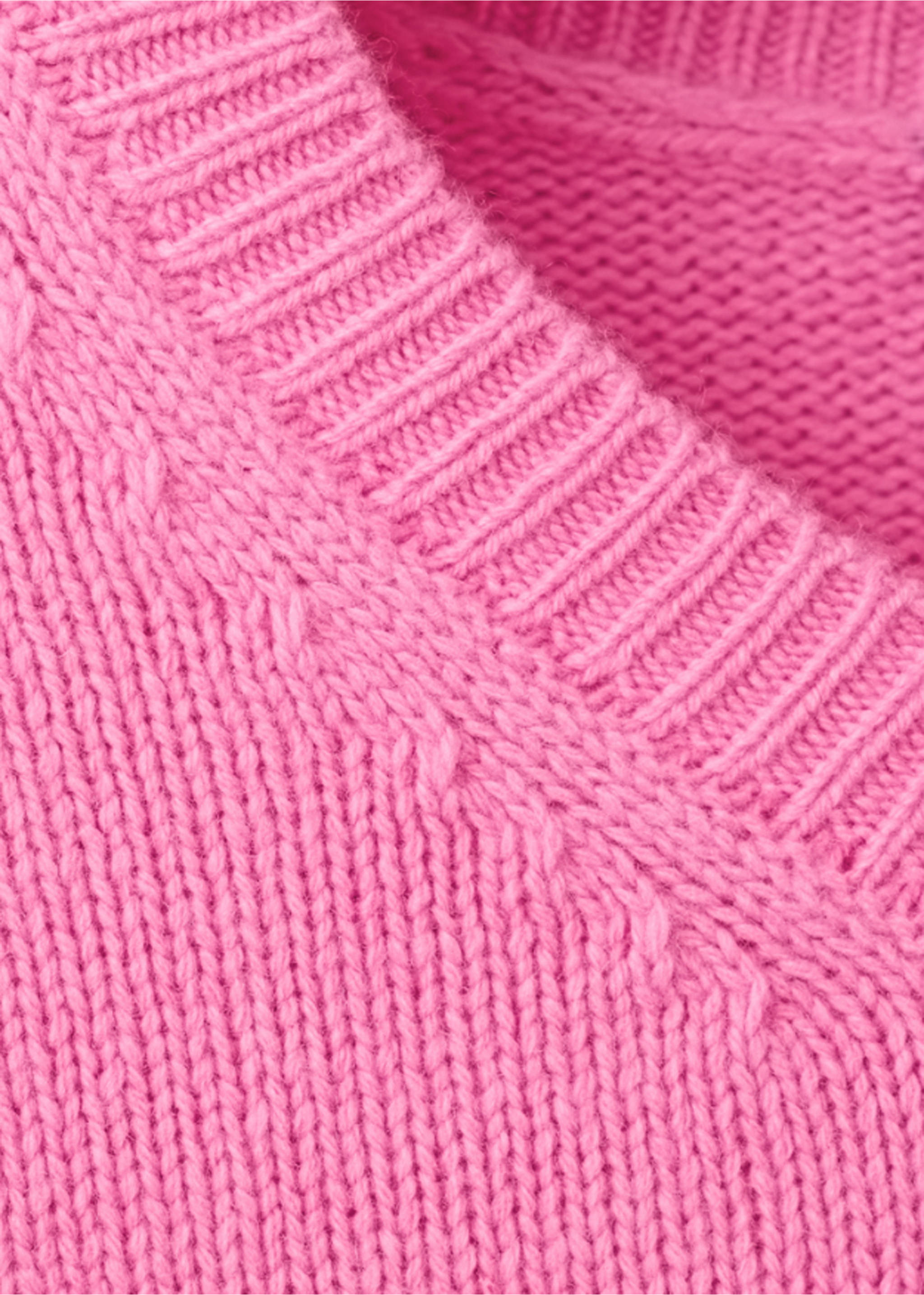 Close-up of a pink knit jumper showing the ribbed collar detail., Fuchsia. Ref: 47041362-00.