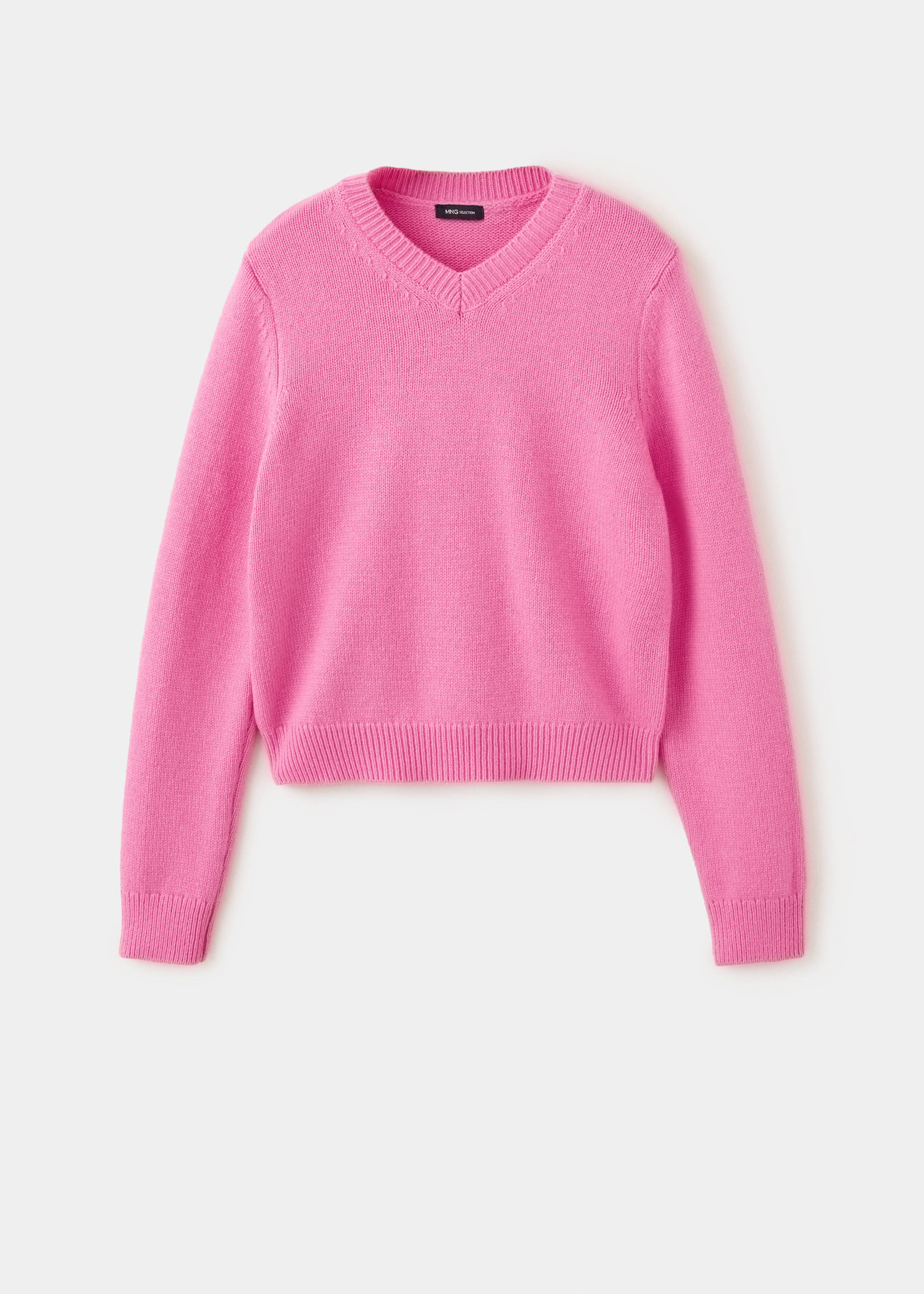 Bright pink V-neck jersey sweater with ribbed trims.