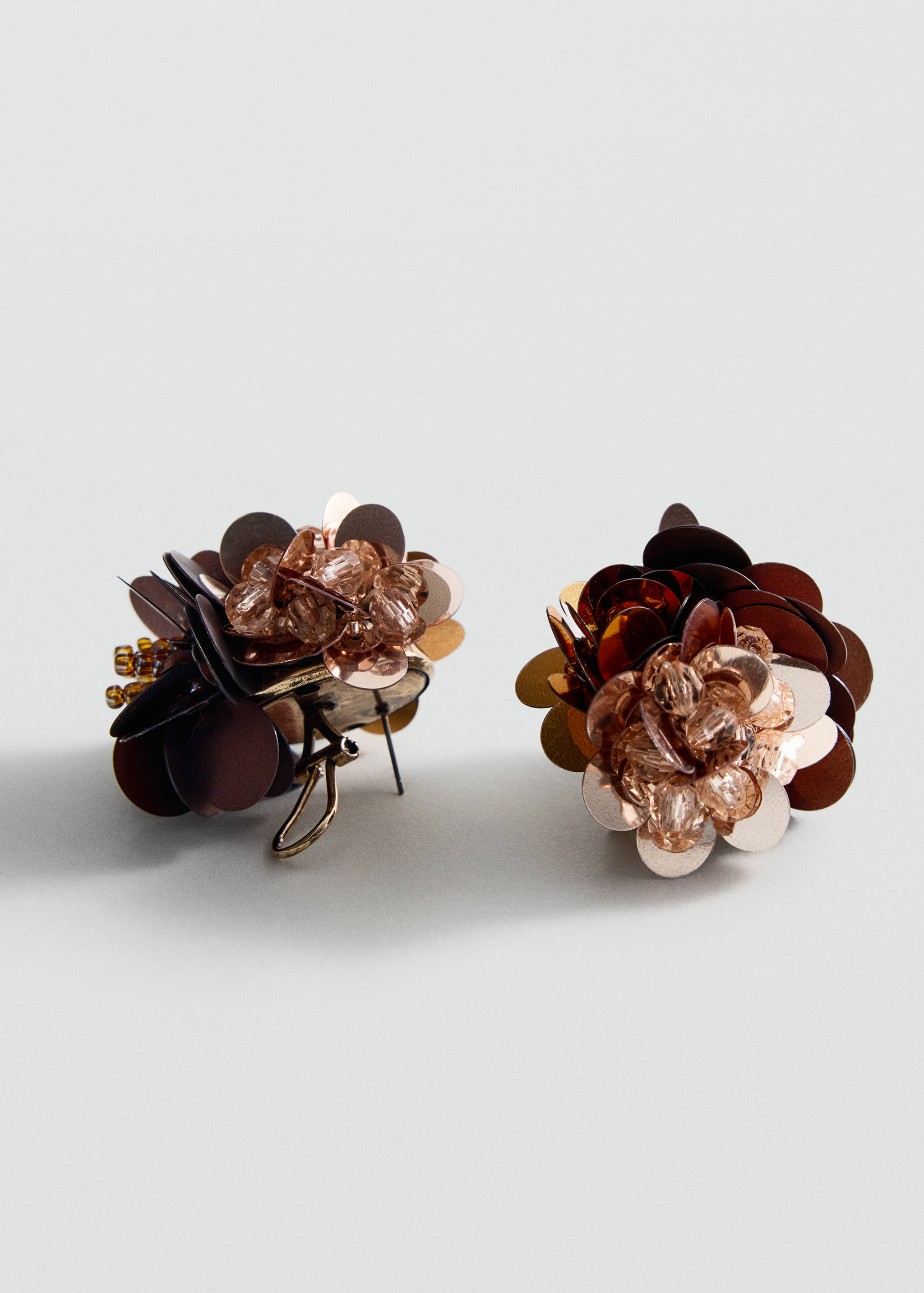 Cluster stud earrings featuring layered brown and bronze sequins and beaded flower centres.