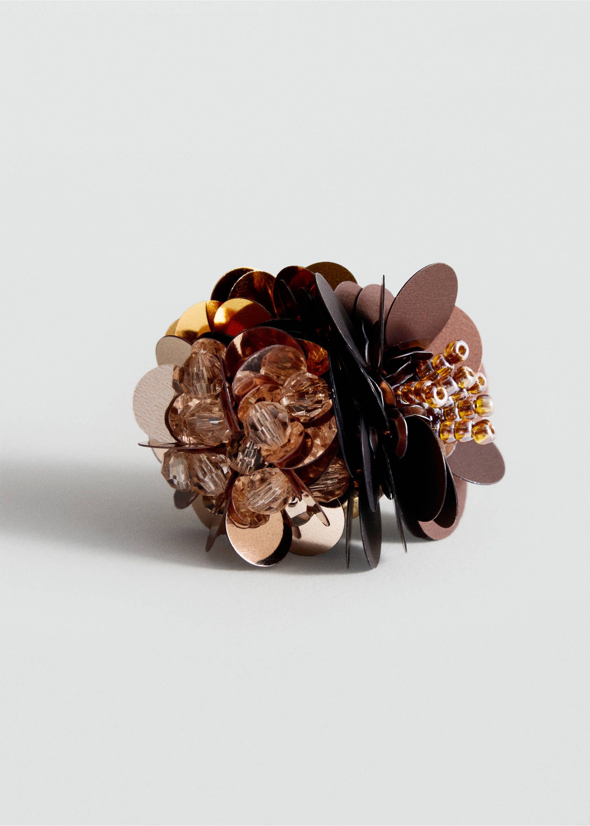 Close-up of a bronze and brown beaded floral sequin earring., Orange. Ref: 47041387-00.