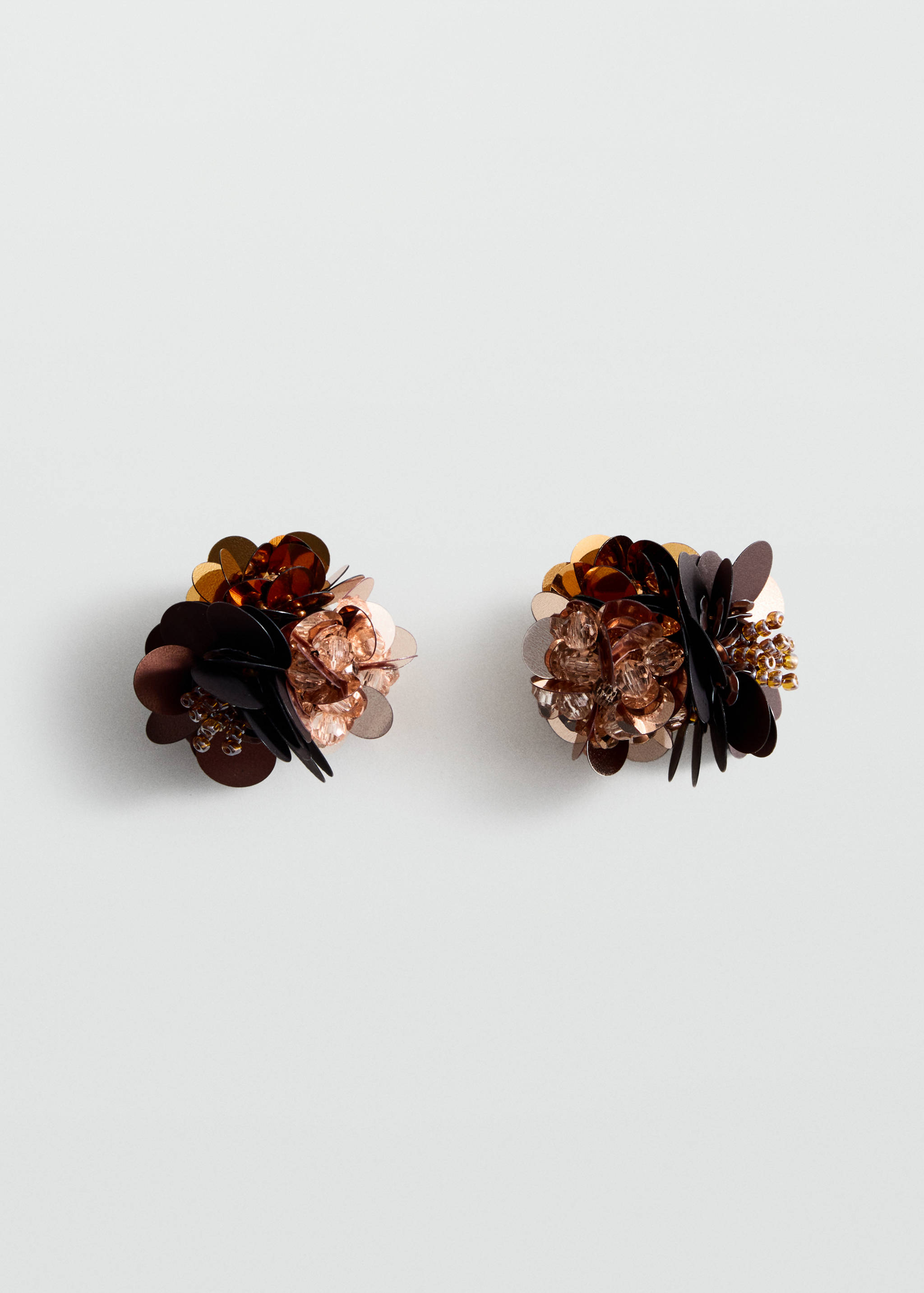Brown sequin and beaded floral cluster earrings.
