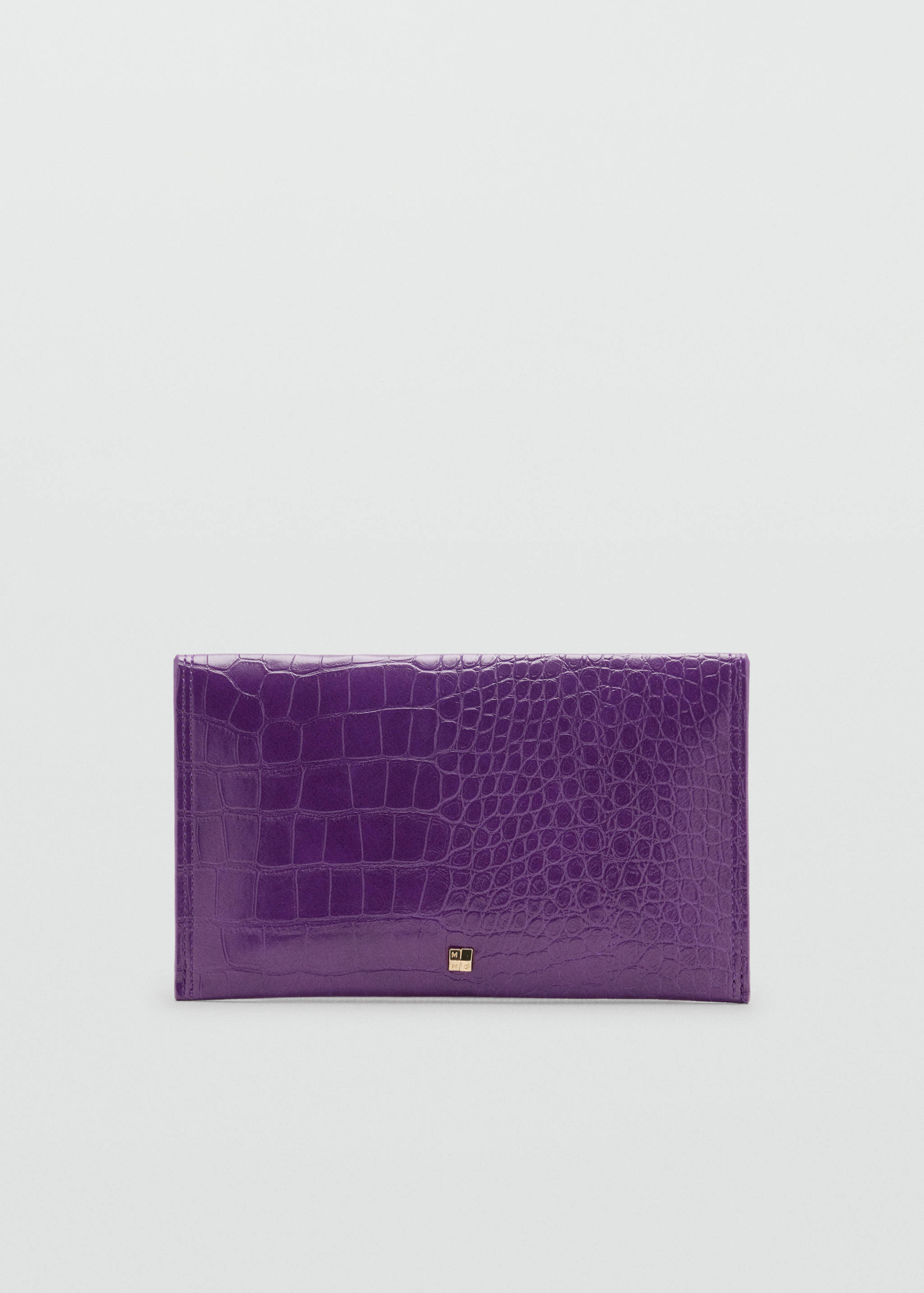 Purple crocodile-embossed pouch with a flap closure.