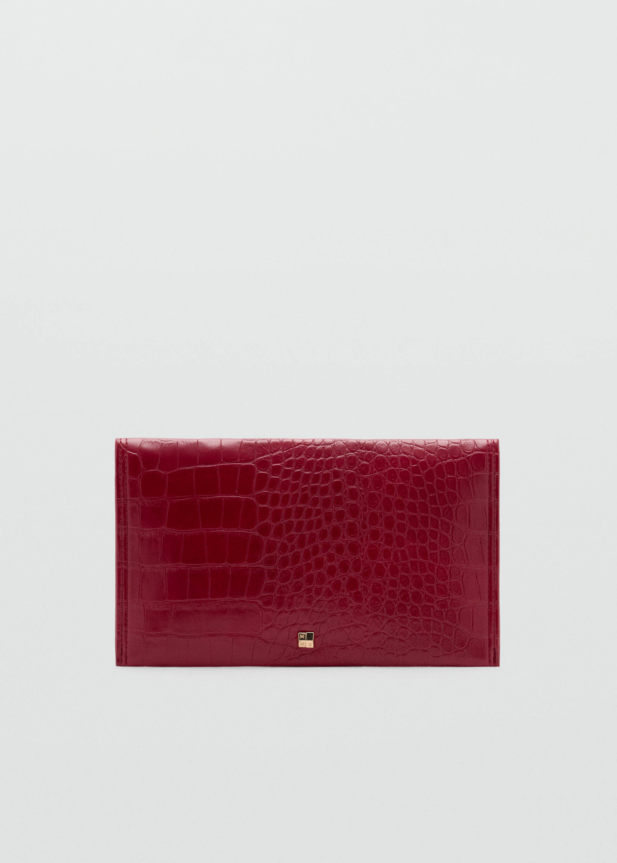 Red crocodile-embossed pouch with a flap closure and a small metallic clasp.