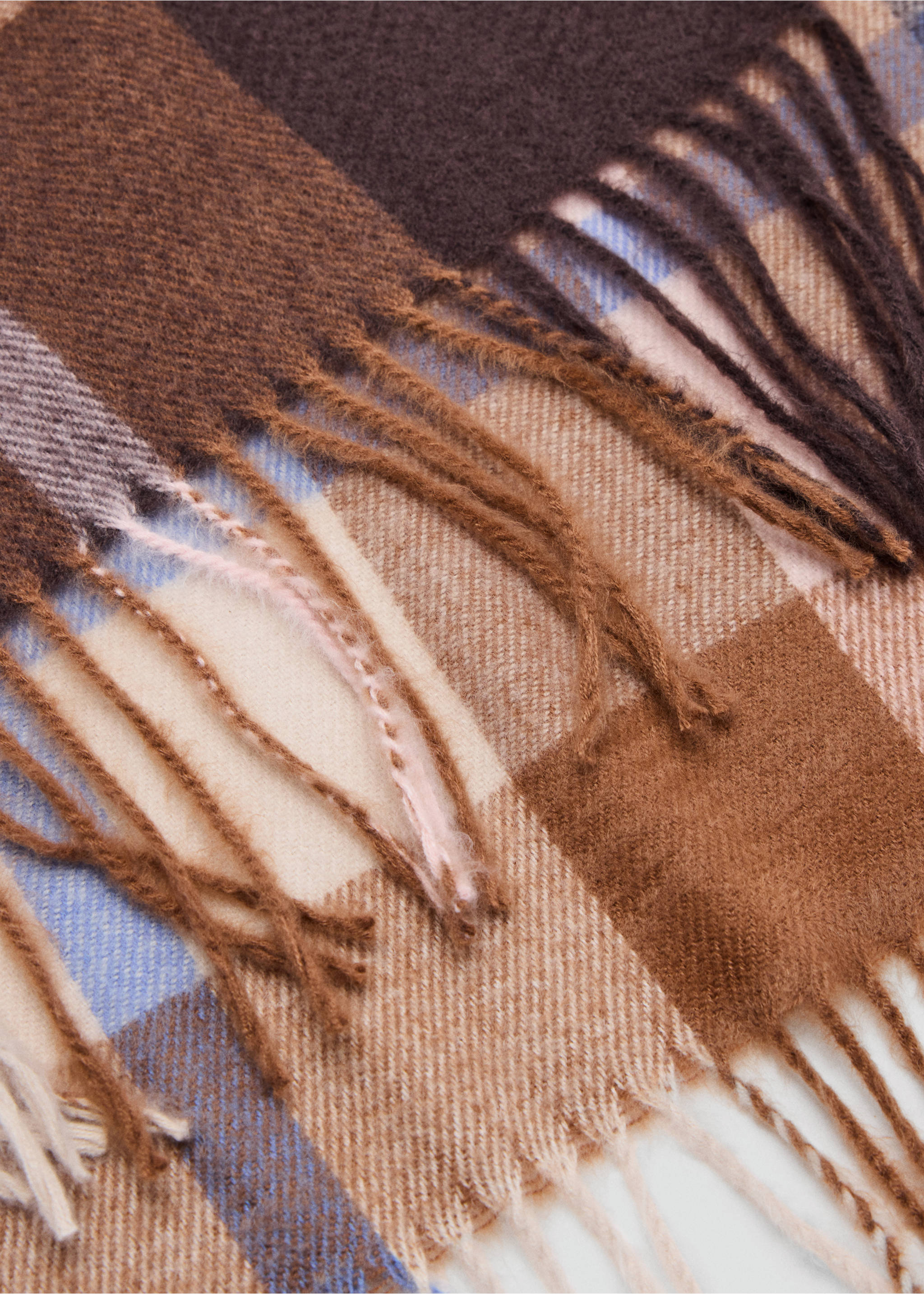 Check scarf detail with fringe in brown, beige, and blue., Brown. Ref: 47041409-00.