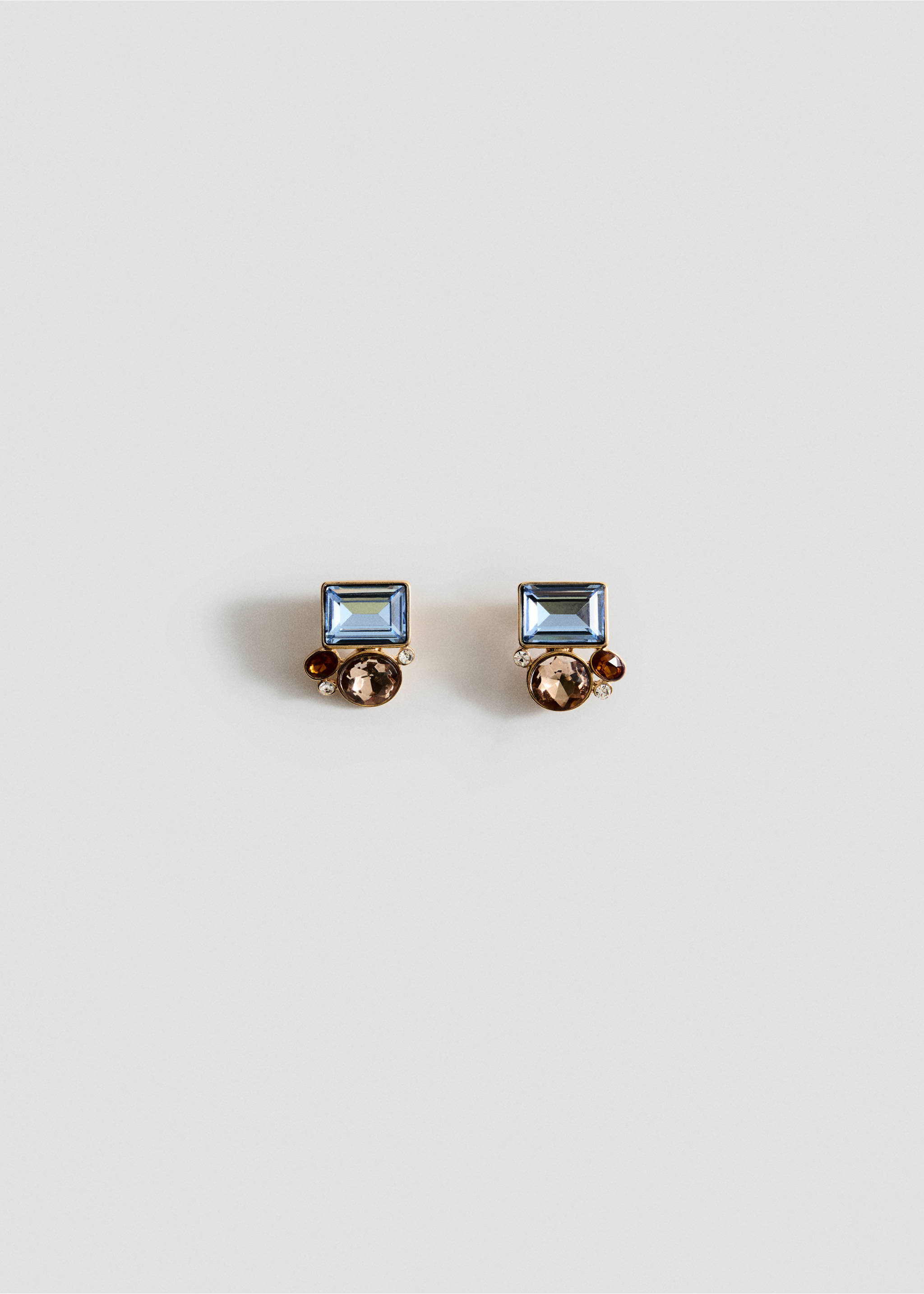 Gold-toned stud earrings with a pale blue rectangular stone and brown crystal cluster., Gold. Ref: 47041461-00.
