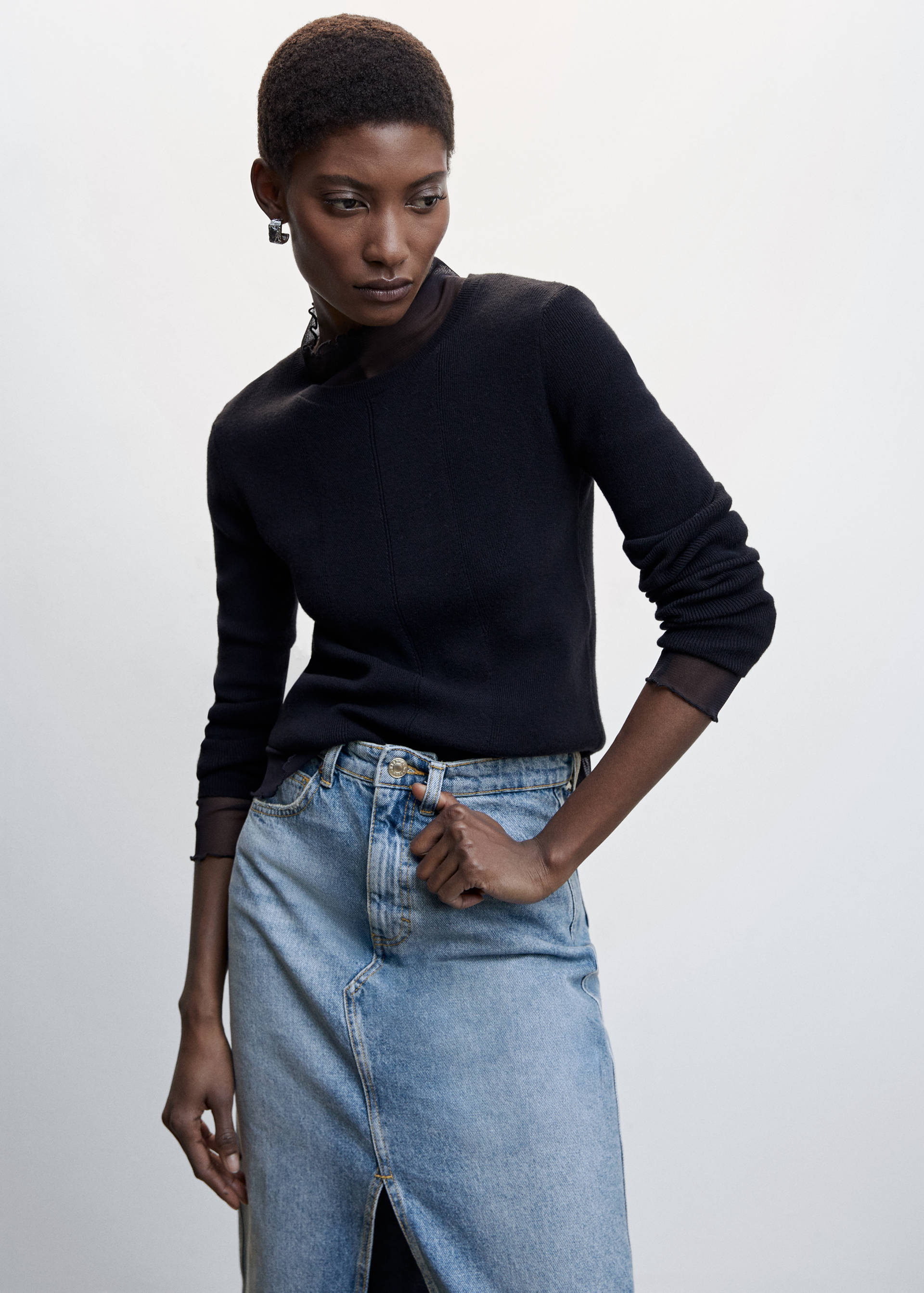 Thrifted denim skirt with basic black turtleneck