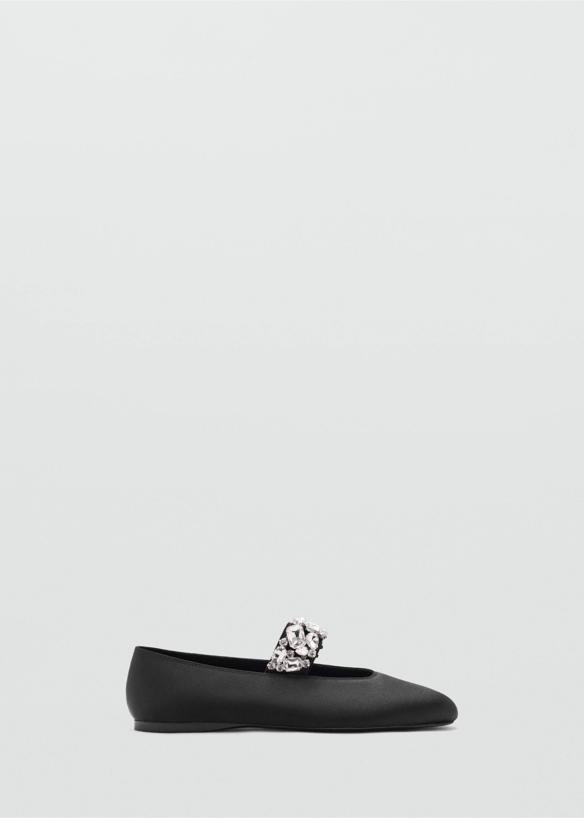 Black flat shoe with a rounded toe and a crystal-embellished strap., Black. Ref: 47051337-00.