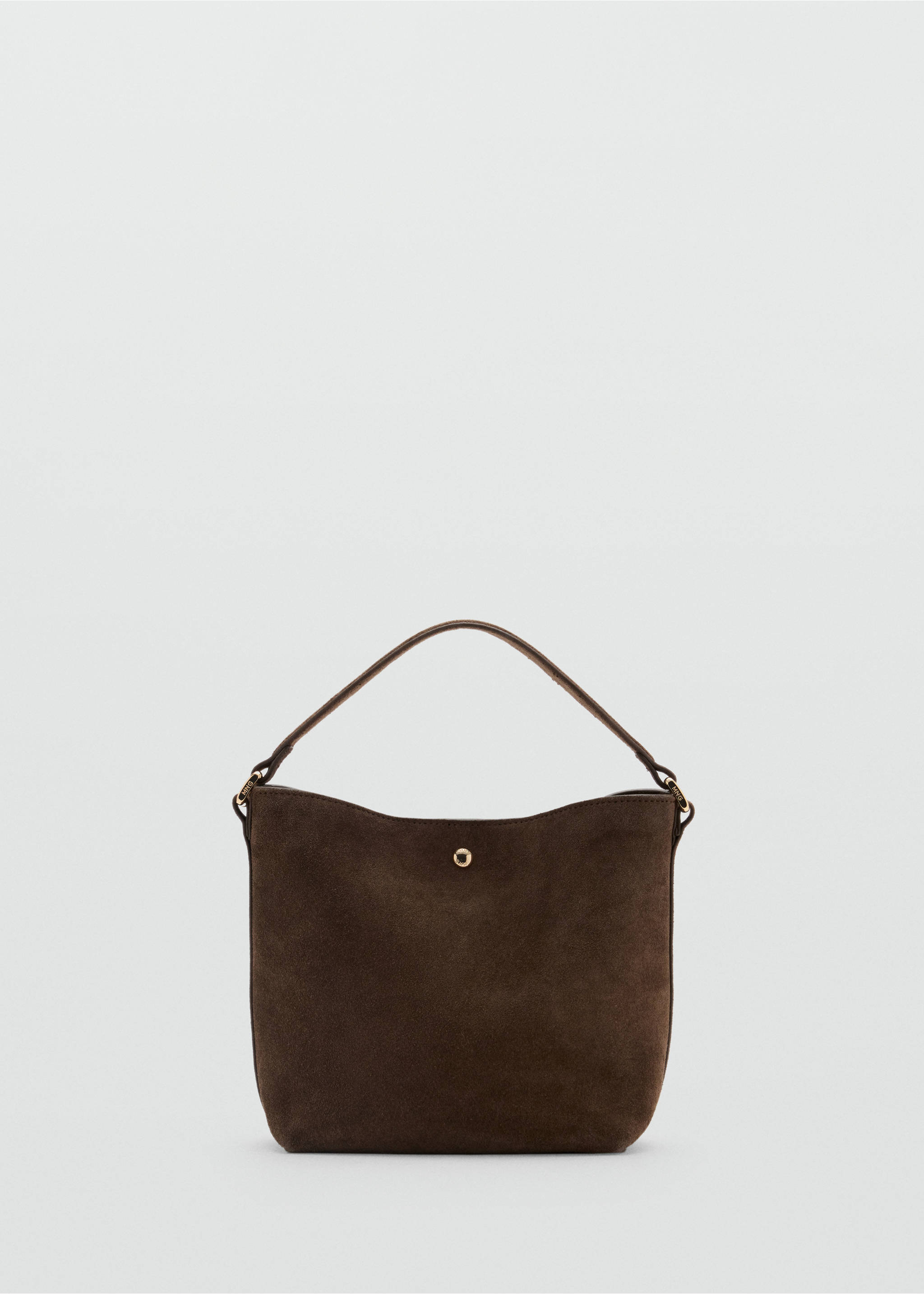 Brown suede bucket bag with a single top handle and gold-tone hardware., Brown. Ref: 47051343-00.