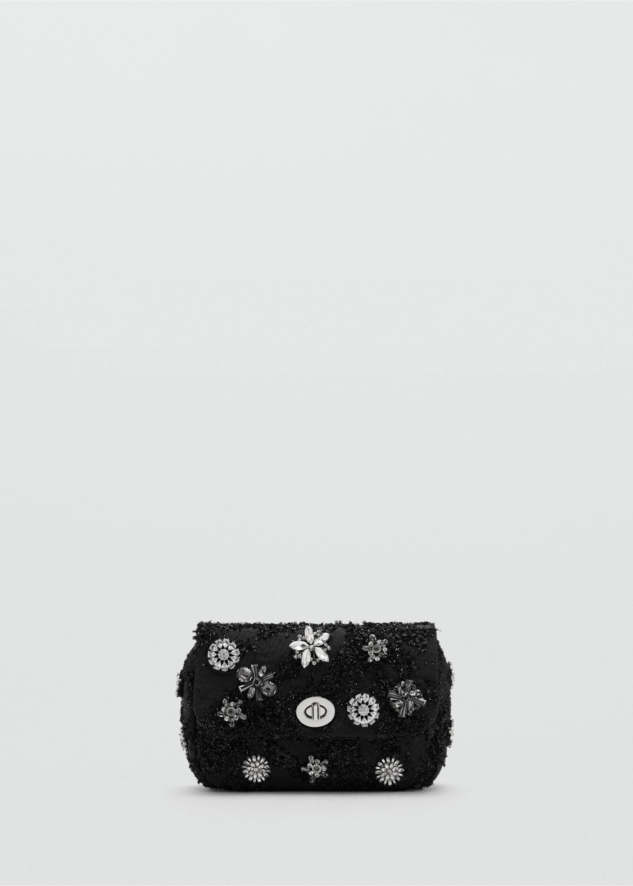 Black crossbody bag with crystal appliqués and a silver turn-lock., Black. Ref: 47051376-00.