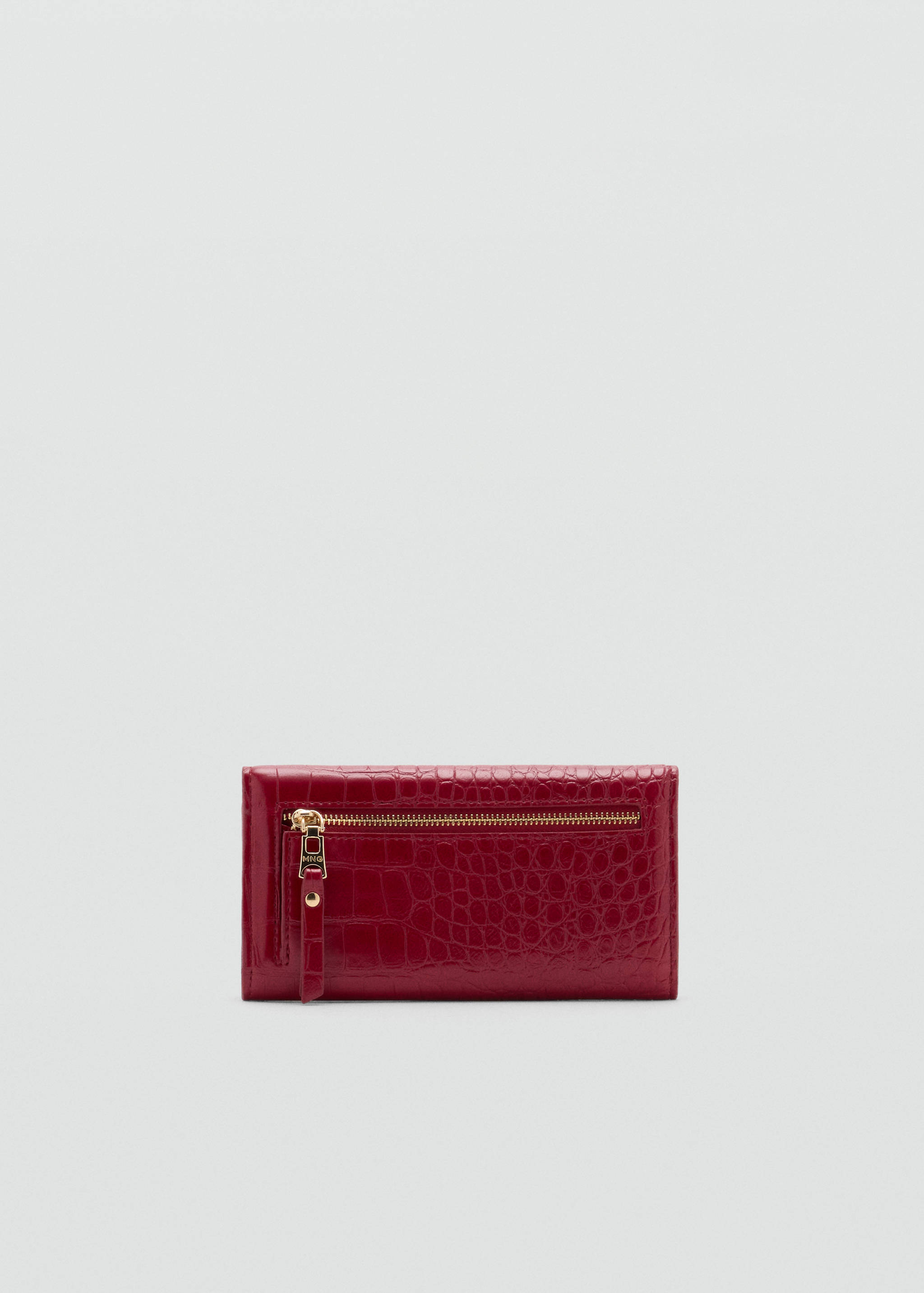 Red crocodile-embossed wallet with a gold-toned zippered front pocket.