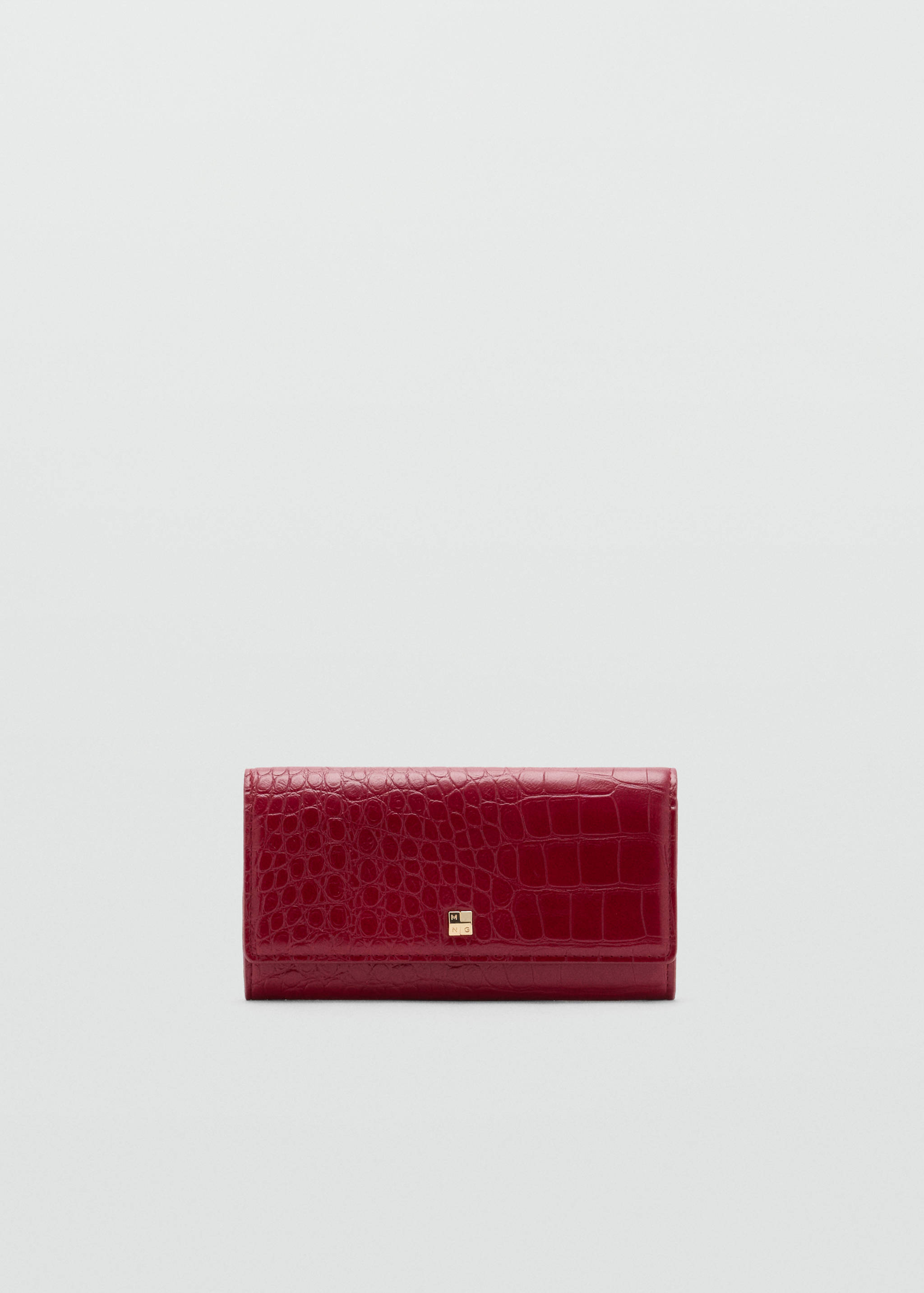 Red embossed crocodile-effect wallet with a gold logo plaque.