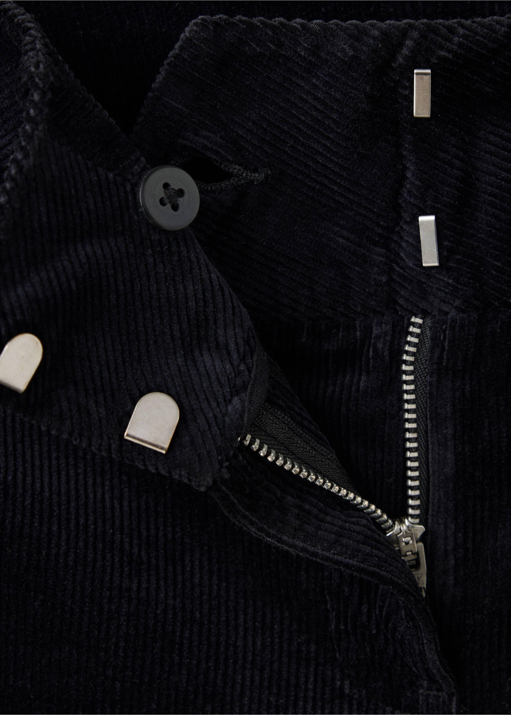 Black corduroy trousers detail of waistband, zip and button fastening, Night Blue. Ref: 47051427-00.