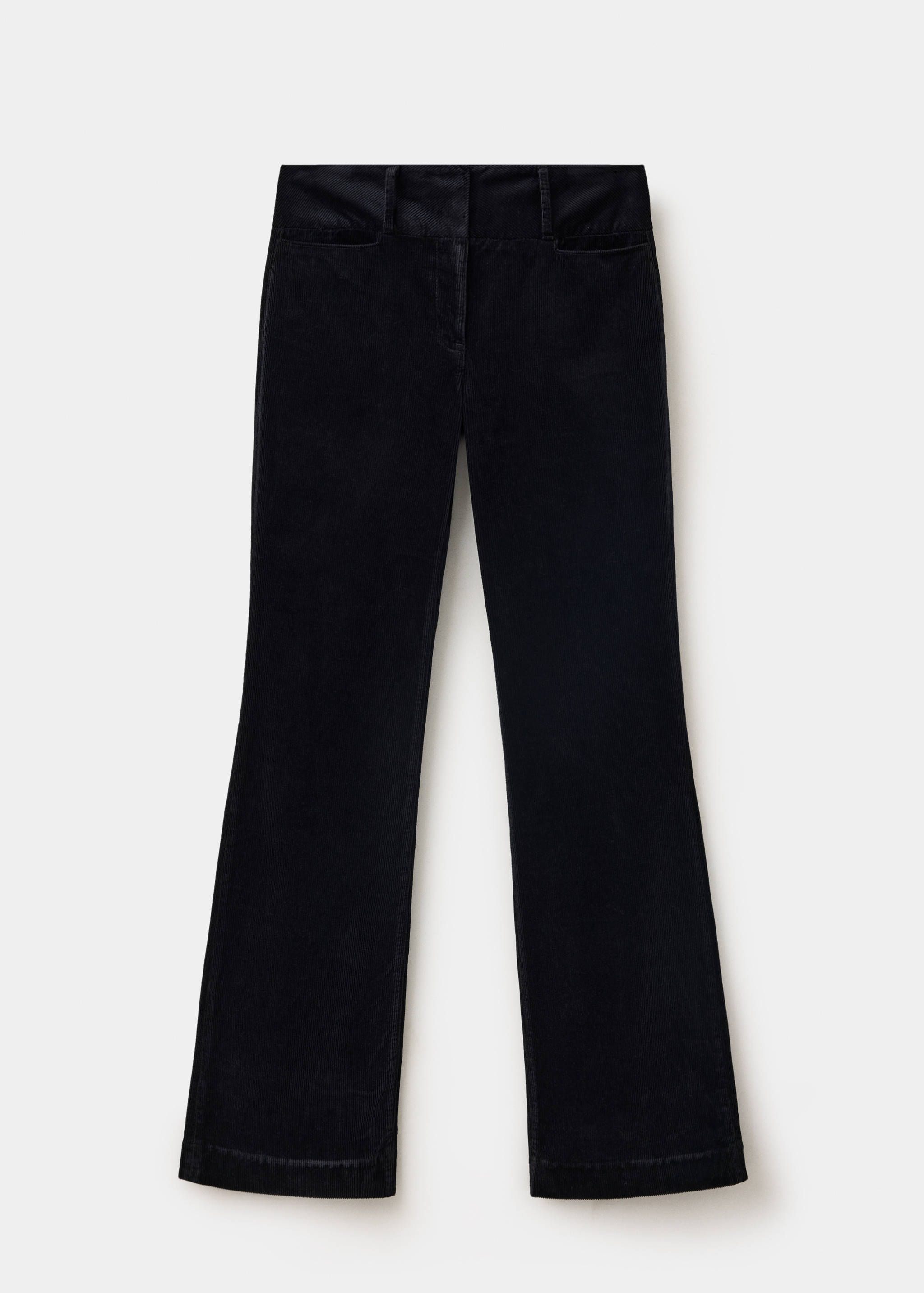 Dark blue straight-leg trousers with a structured waistband and front pockets.
