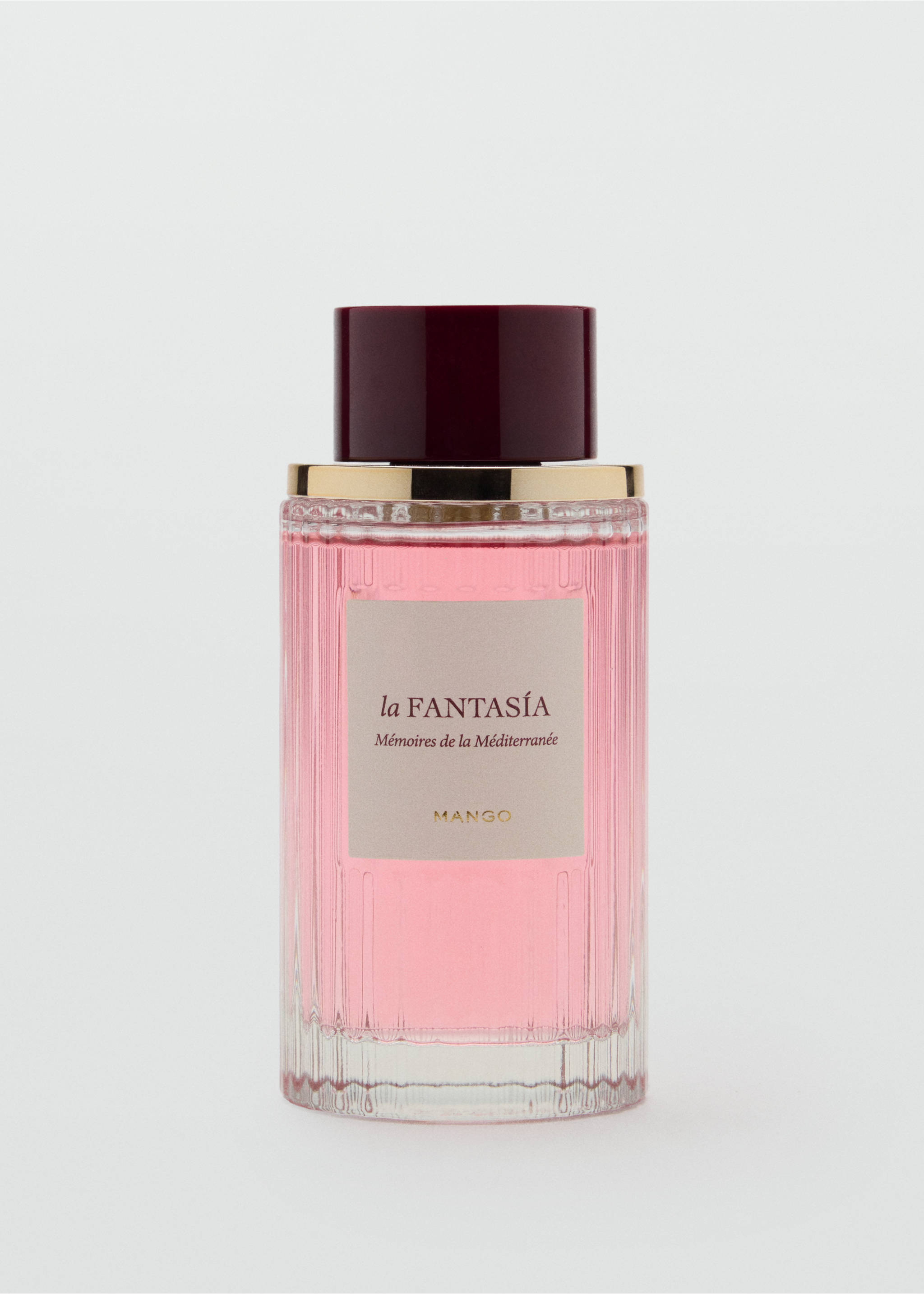 Frasco de perfume rosa de diseño de vidrio acanalado con tapón burdeos., Gris visón. Ref: 47061333-00.