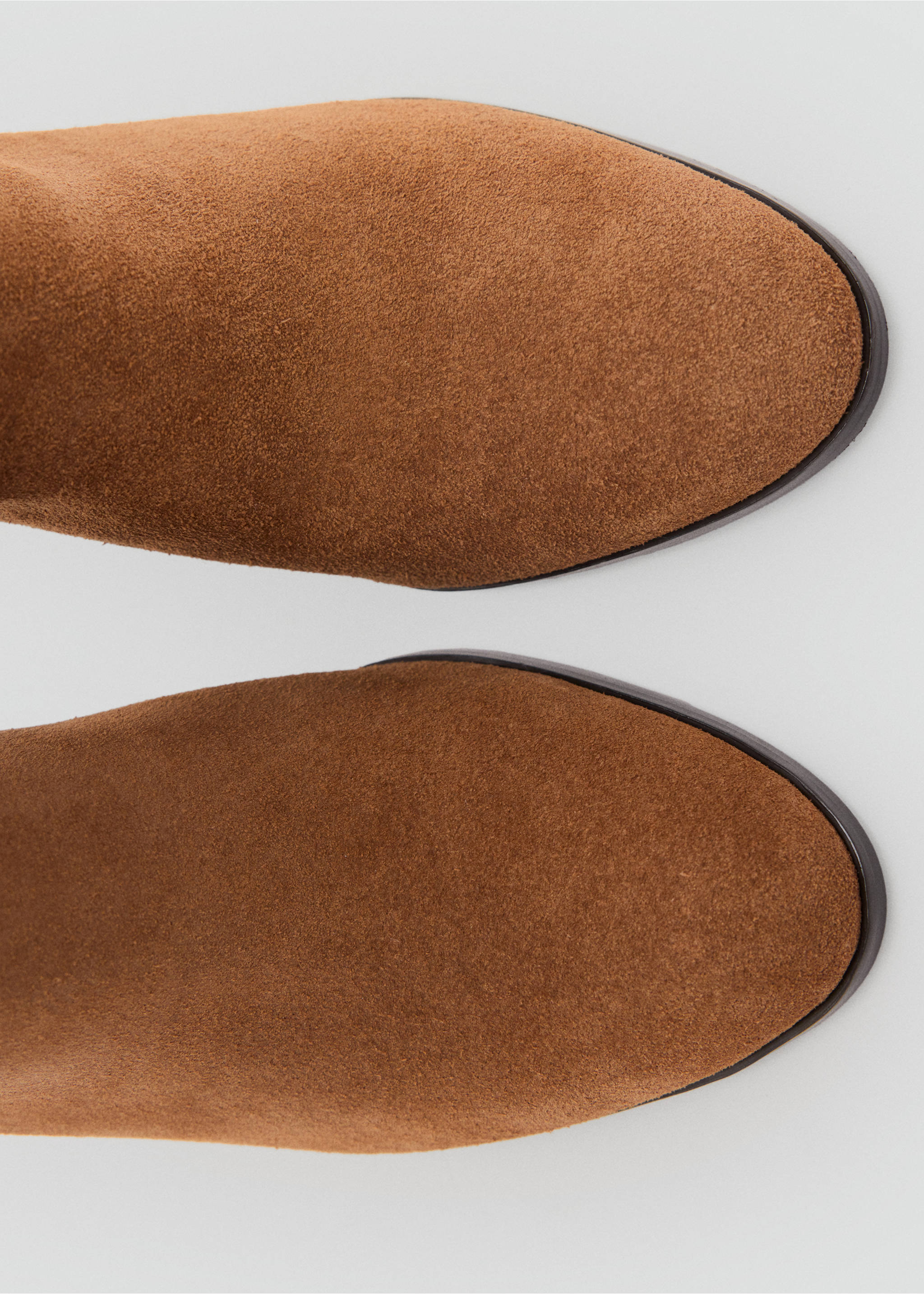 Close-up of brown suede boot toes., Tobacco Brown. Ref: 47061335-00.