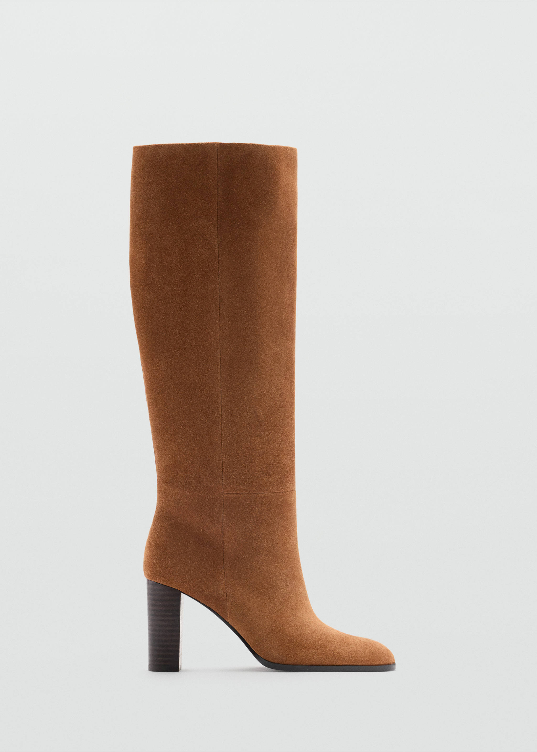 Brown suede knee-high boot with a rounded toe and block heel., Tobacco Brown. Ref: 47061335-00.