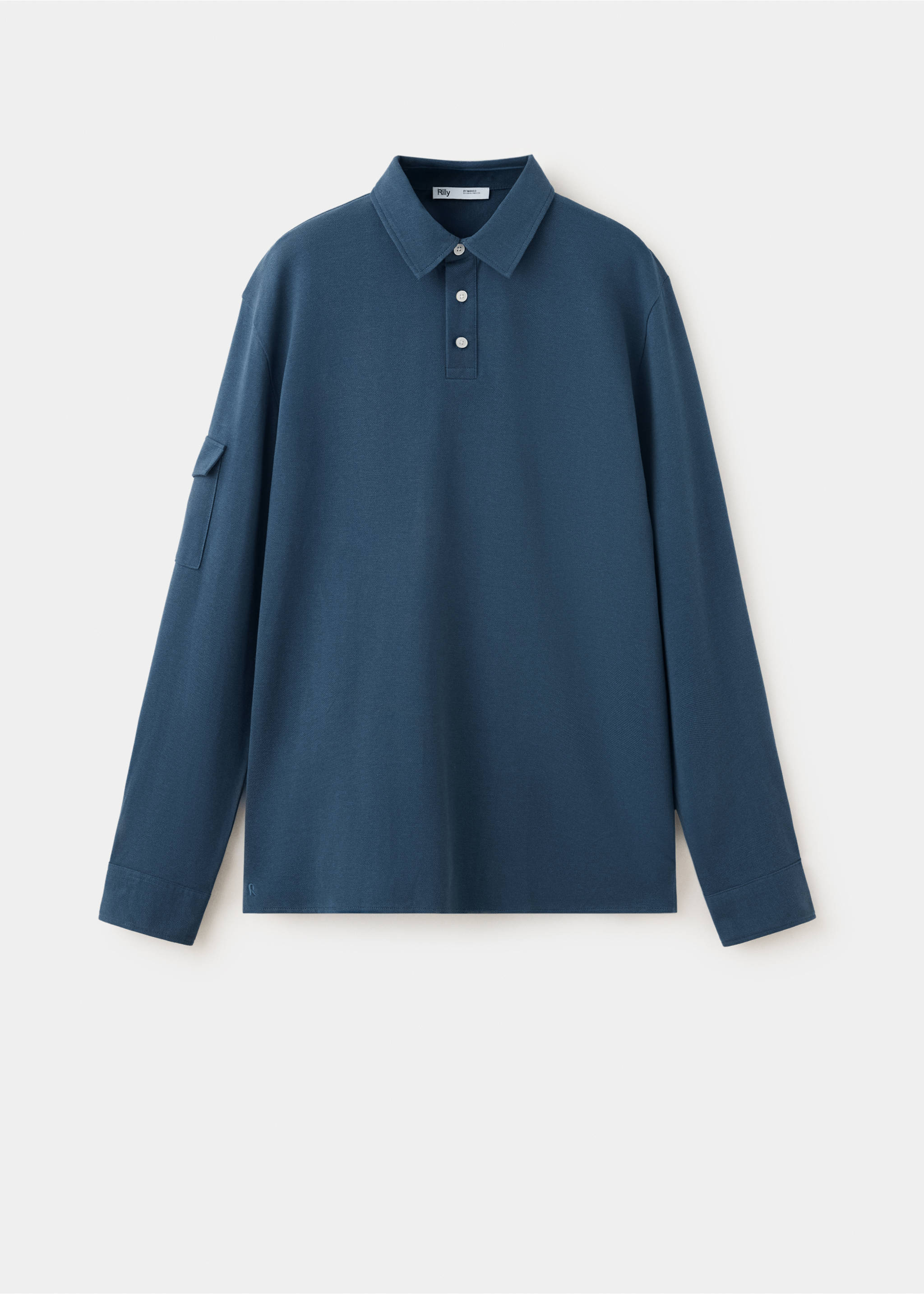 Dark teal long-sleeved polo shirt with a button placket and a sleeve pocket., Navy. Ref: 47061339-00.