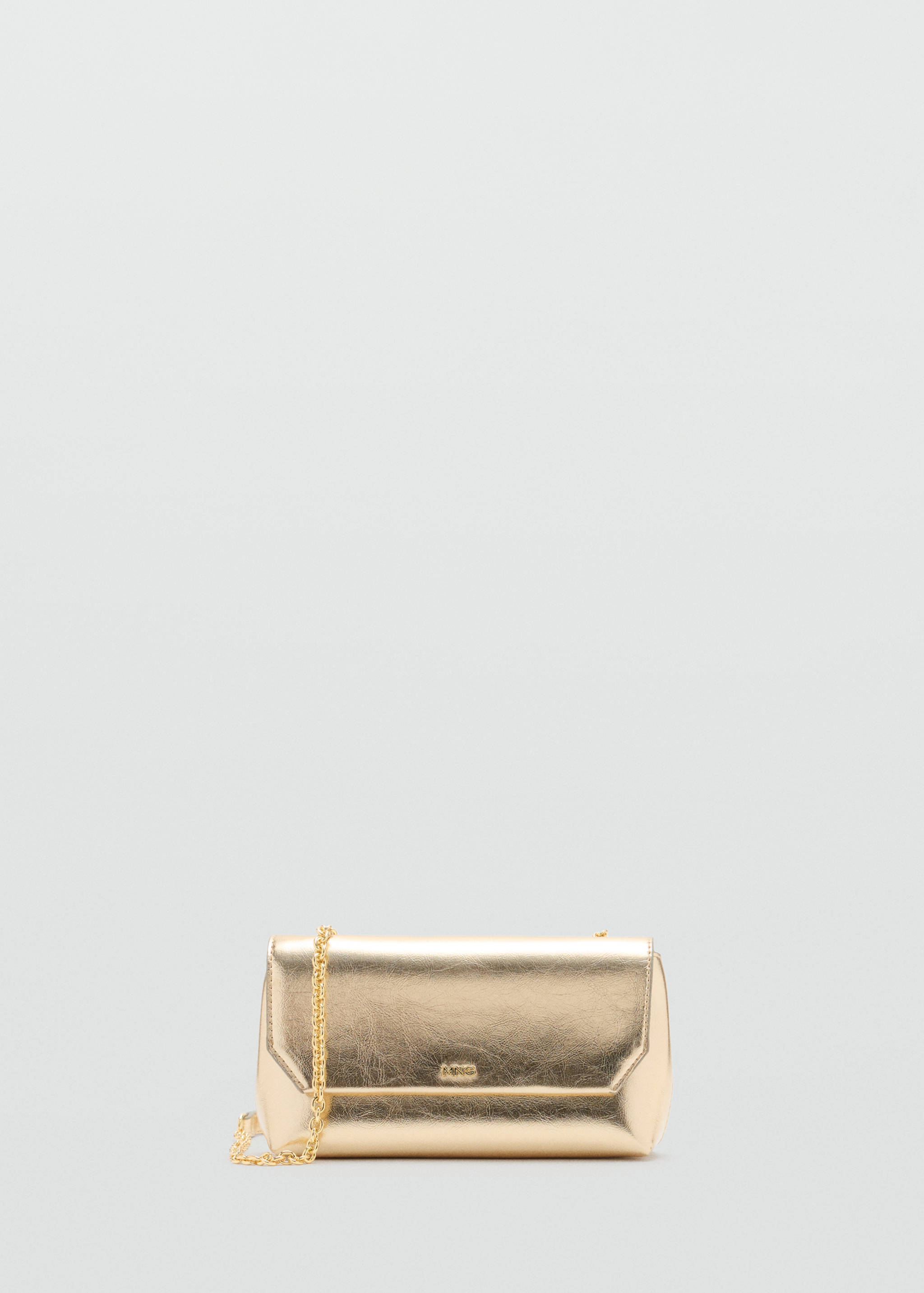 Gold metallic crossbody bag with structured flap and chain strap.