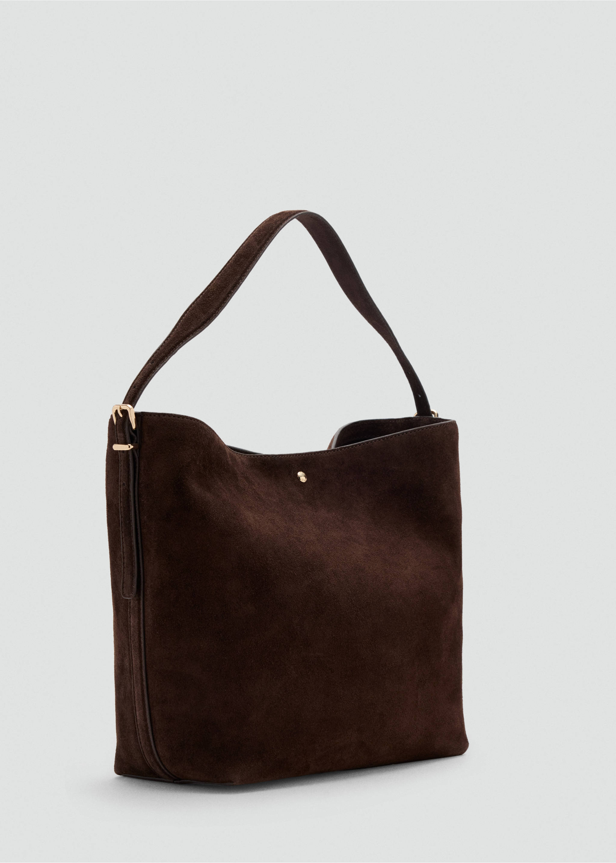 Dark brown suede bucket bag in a three-quarter view with a single shoulder strap and gold-tone hardware., Chocolate. Ref: 47061342-00.