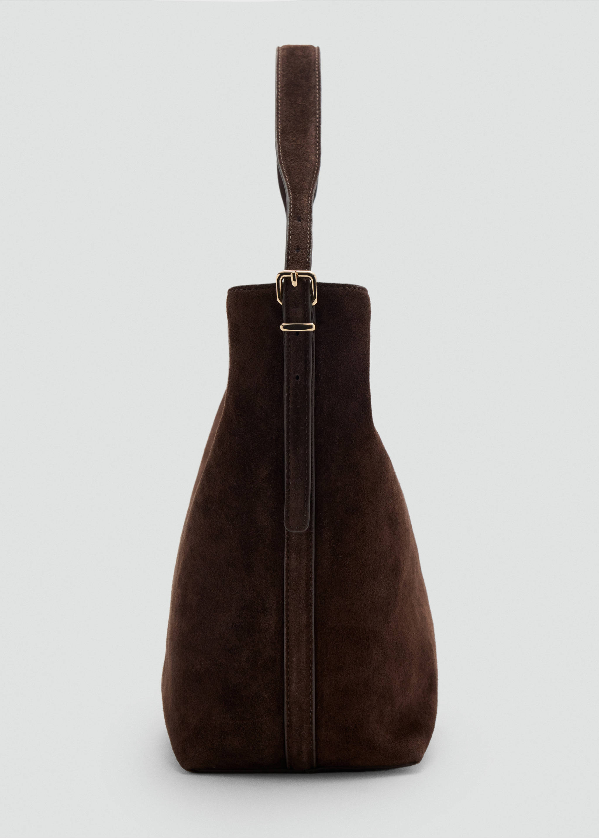 Dark brown suede bucket bag detail showing buckle closure., Chocolate. Ref: 47061342-00.