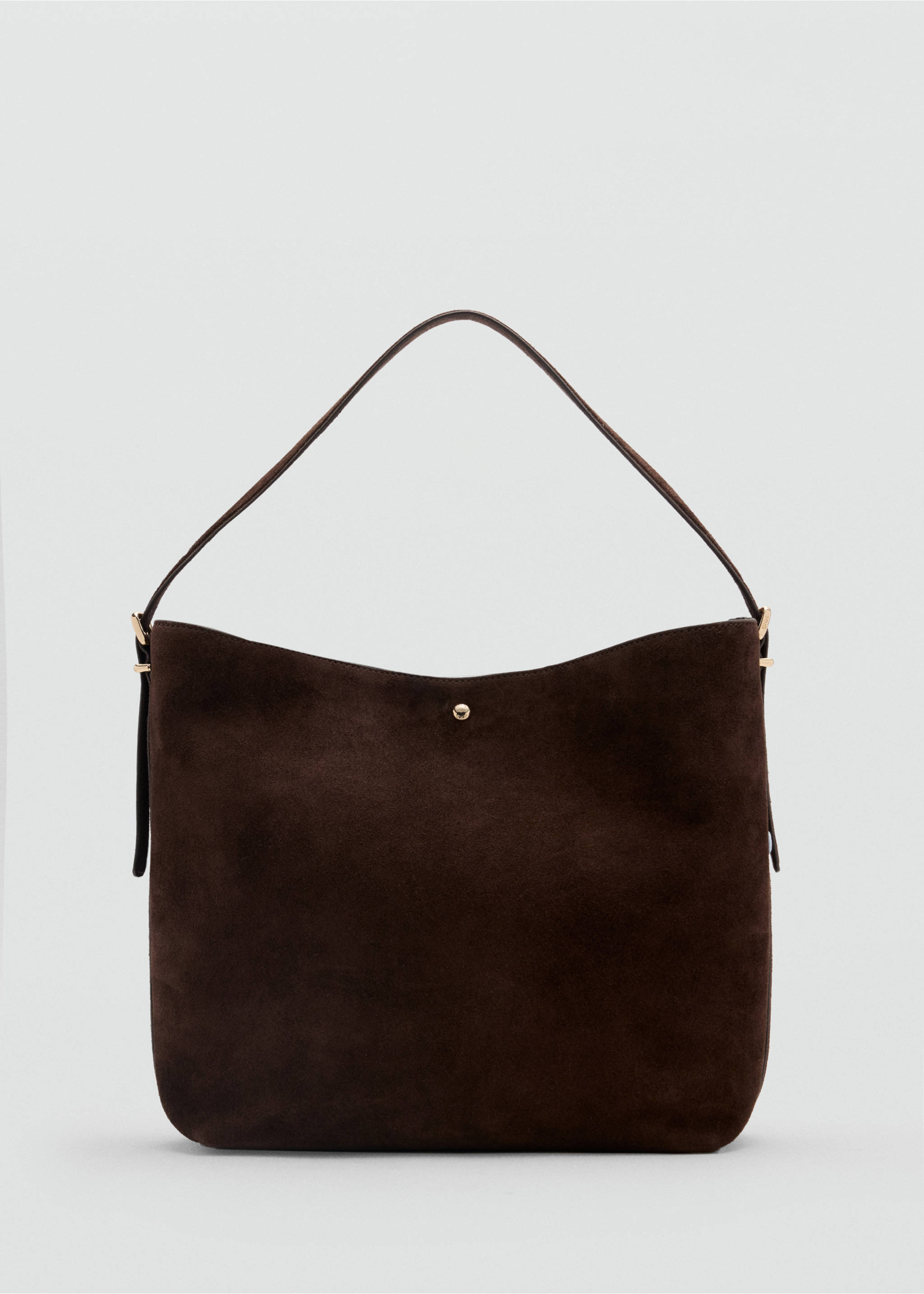 Dark brown suede bucket bag with a single shoulder strap and gold-tone hardware., Chocolate. Ref: 47061342-00.