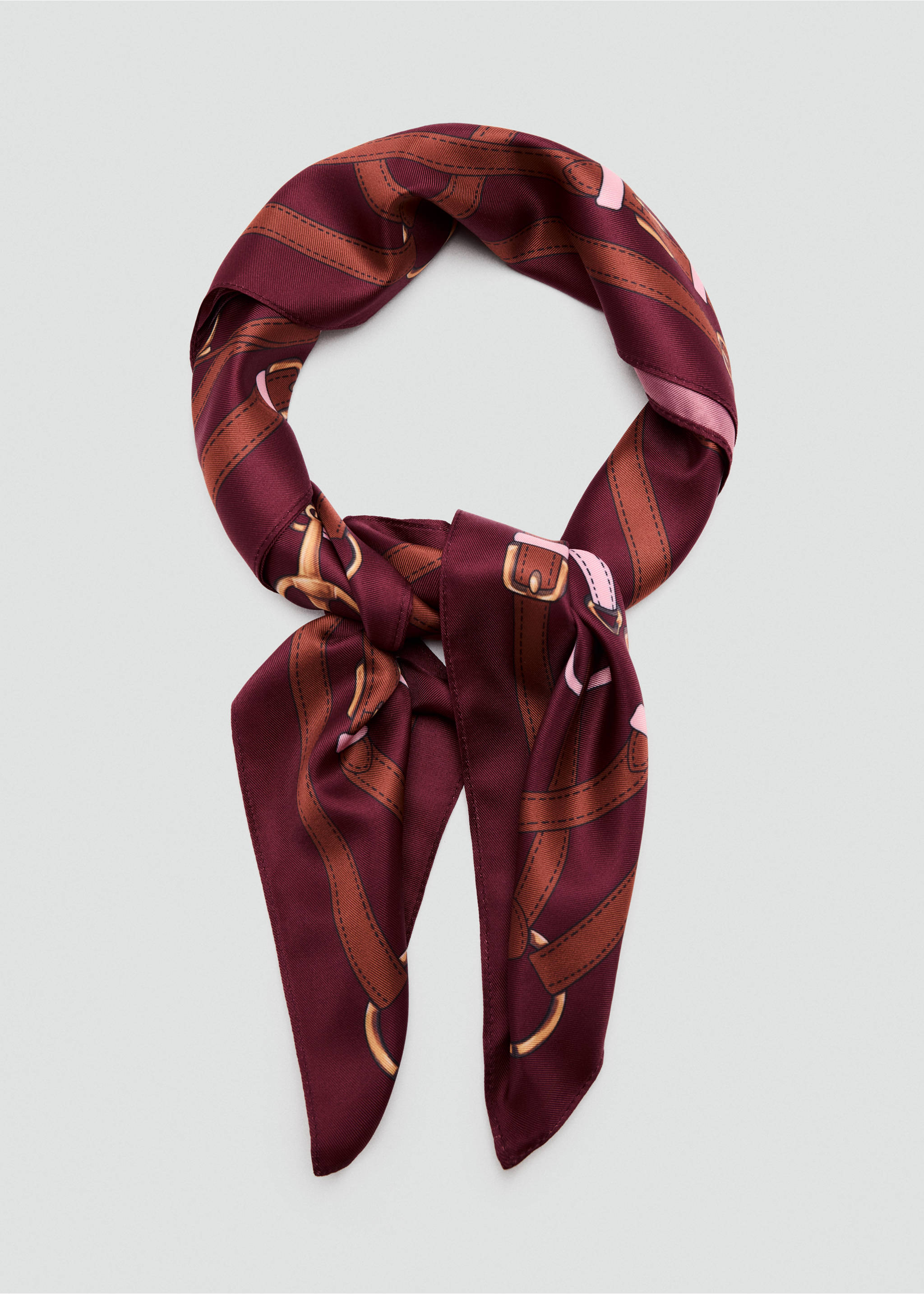 Burgundy scarf with a brown and pink equestrian belt print., Burgundy. Ref: 47061356-00.