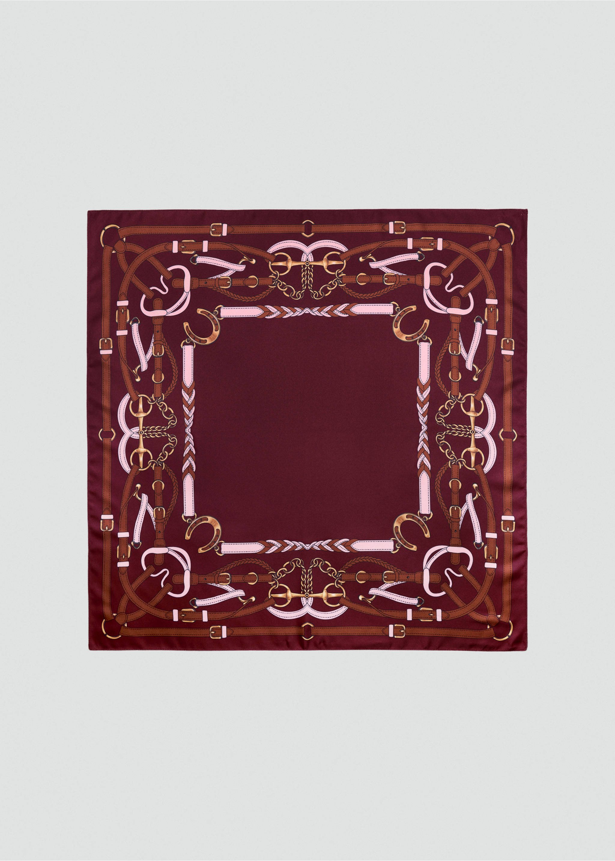 Burgundy square scarf with an equestrian-themed print in brown and pink., Burgundy. Ref: 47061356-00.