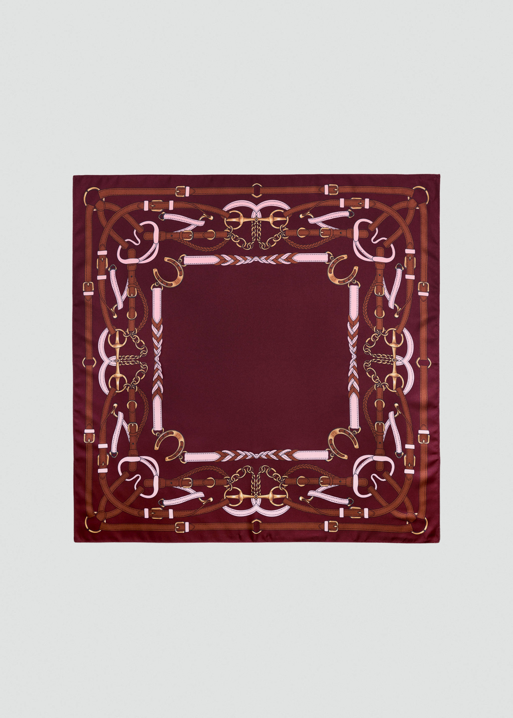 Burgundy square scarf with an equestrian-themed print in brown and pink.