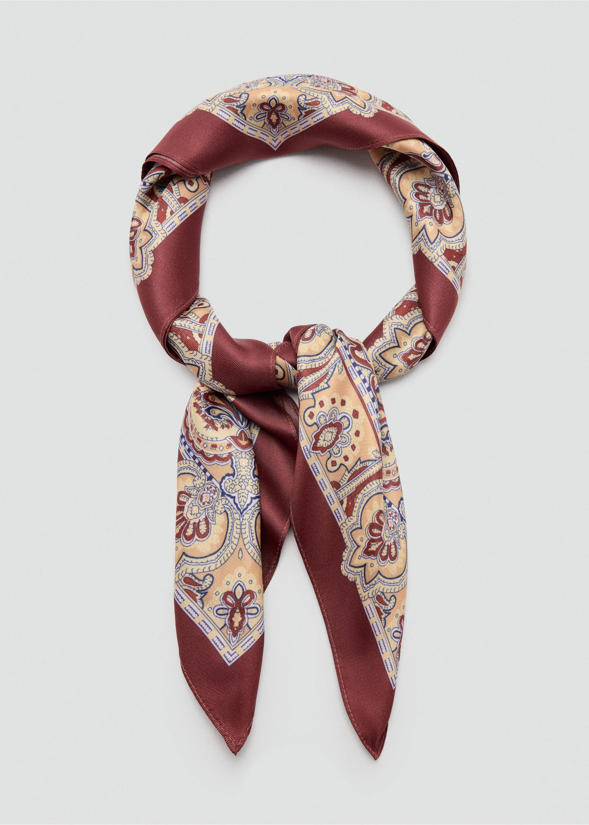 Burgundy scarf with a beige and navy blue paisley print., Maroon. Ref: 47061357-00.