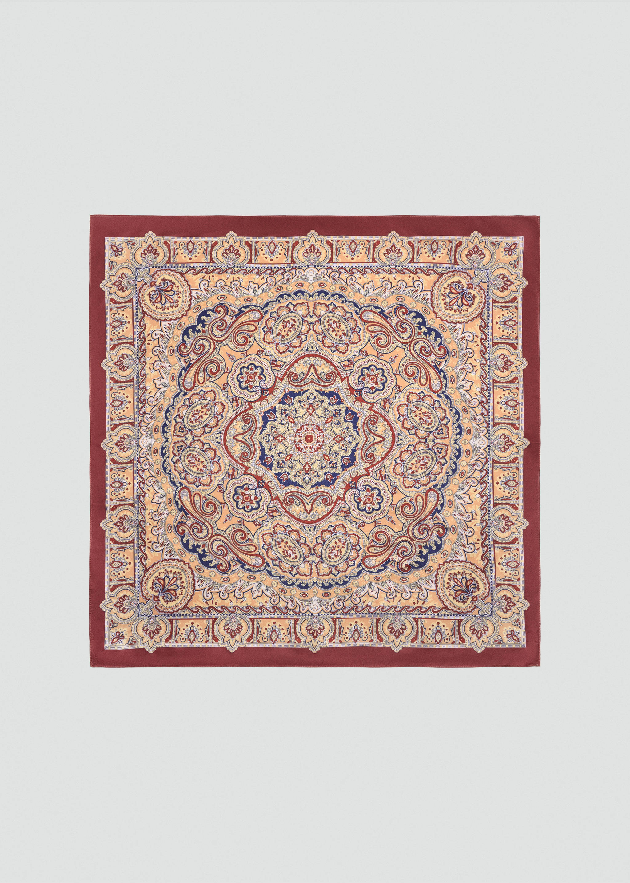 Burgundy square scarf featuring an ornate paisley and floral medallion pattern., Maroon. Ref: 47061357-00.
