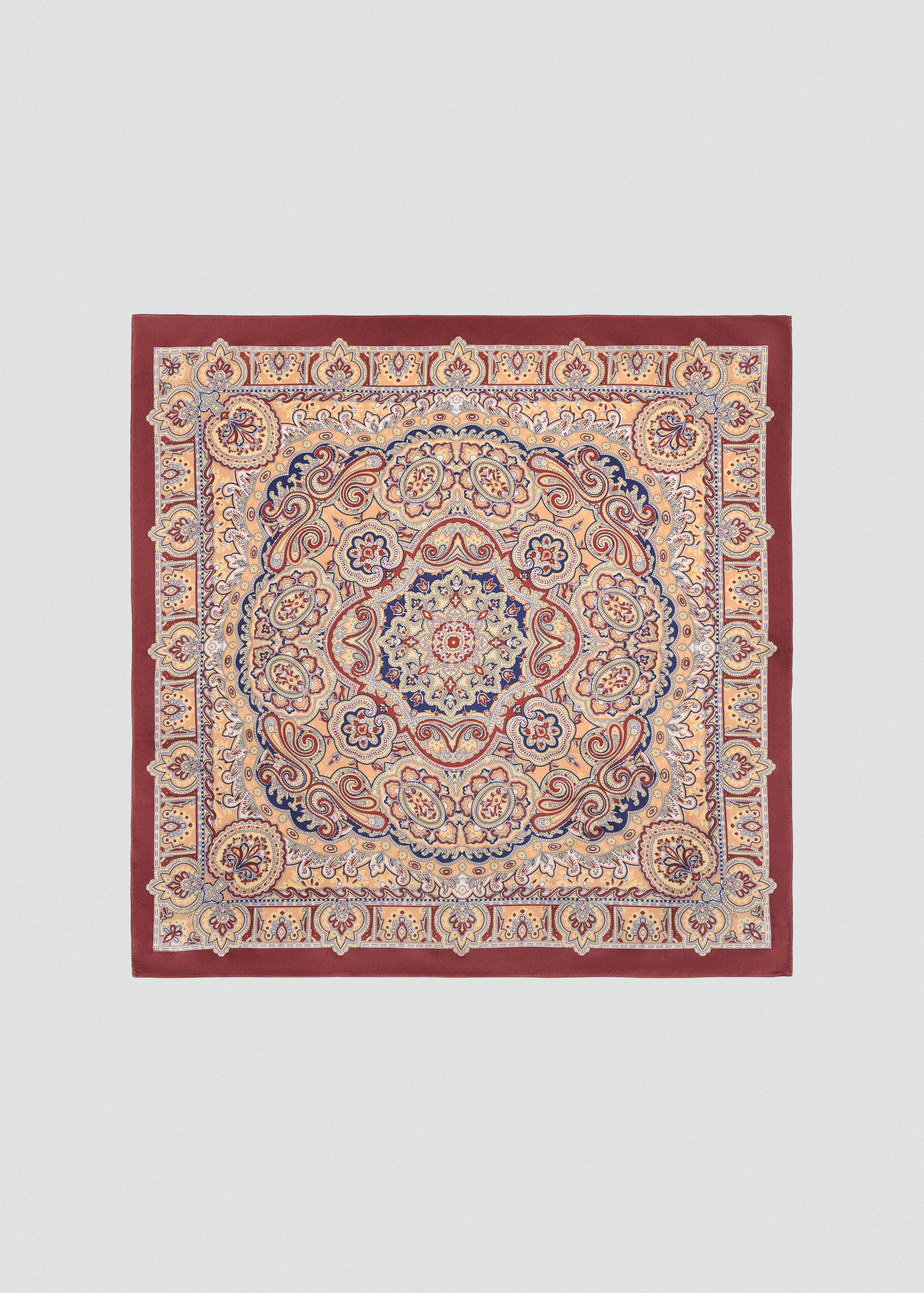 Burgundy square scarf featuring an ornate paisley and floral medallion pattern.
