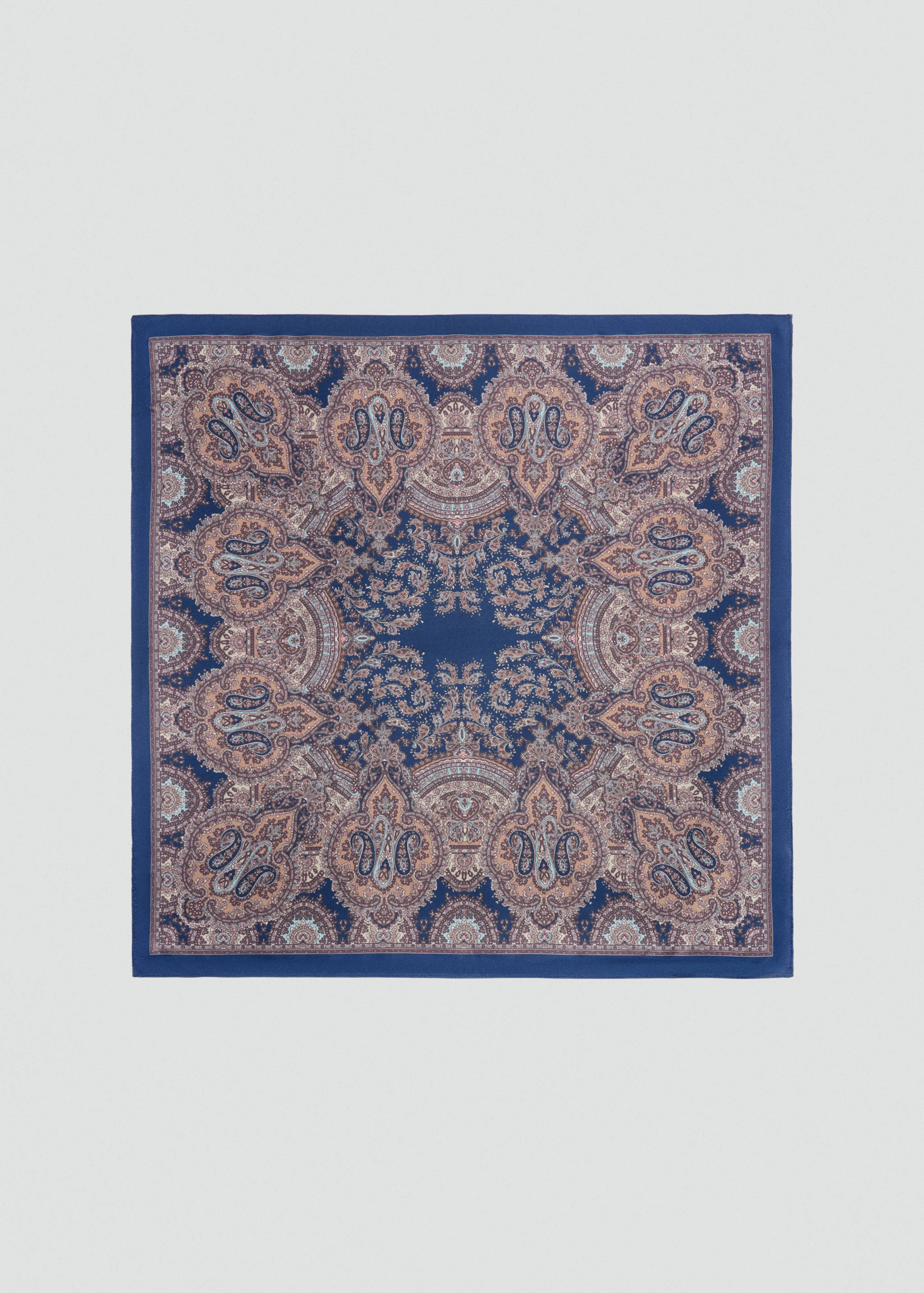 Blue square scarf with an intricate paisley pattern.