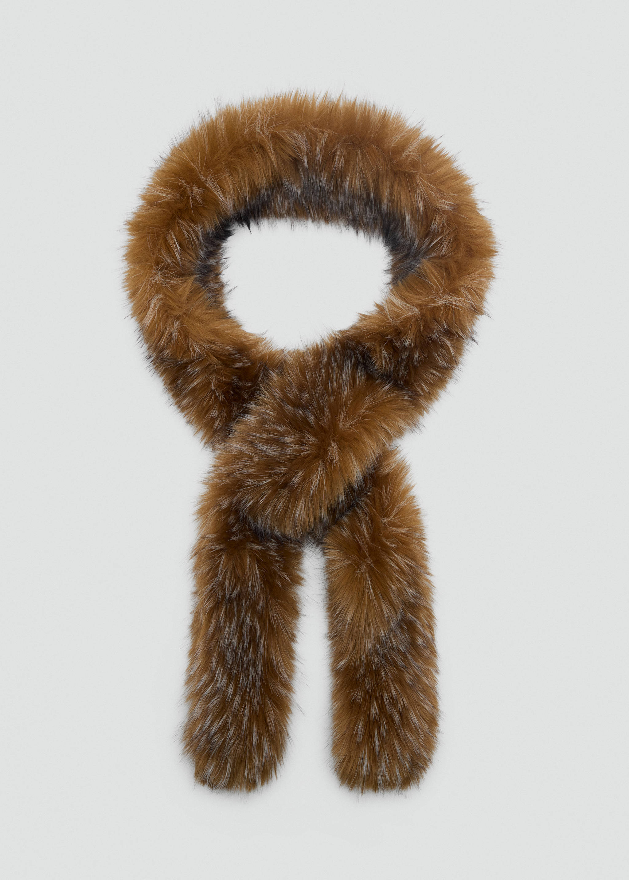 Brown faux-fur scarf with a textured long-pile finish.