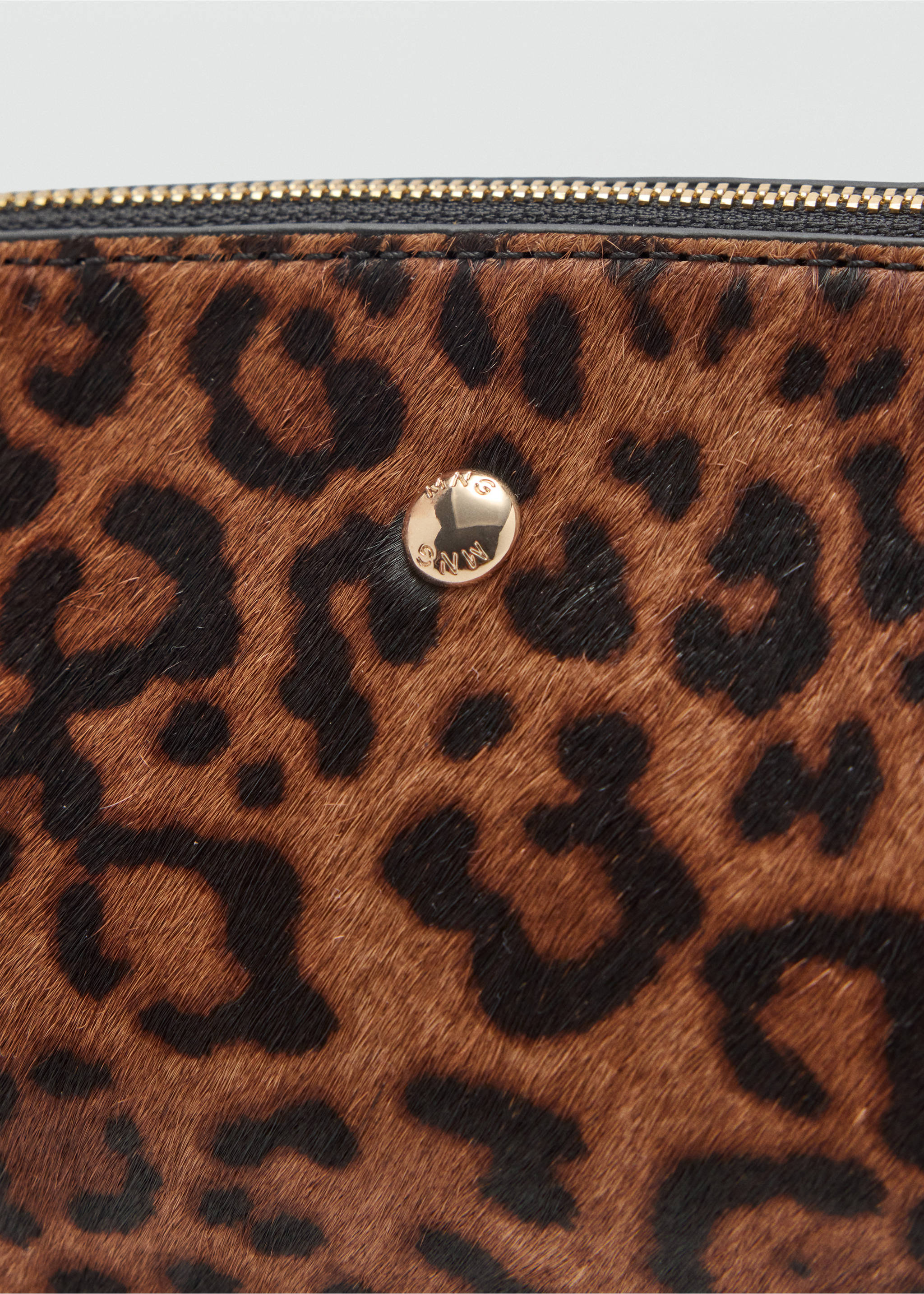 Close-up of leopard-print cosmetic bag with gold zip and stud detail., Chocolate. Ref: 47061389-00.