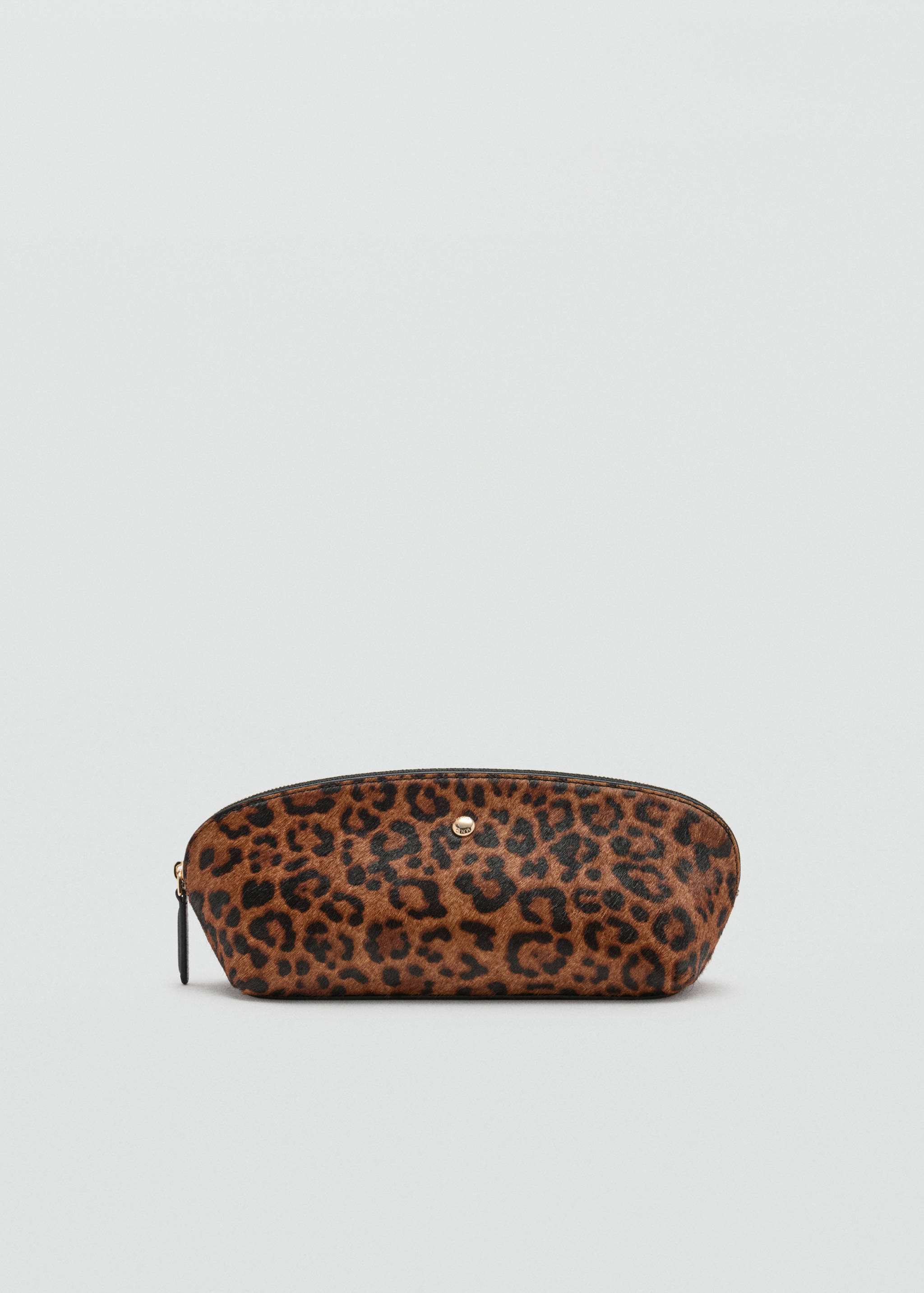 Leopard-print textured makeup bag with a top zip closure.