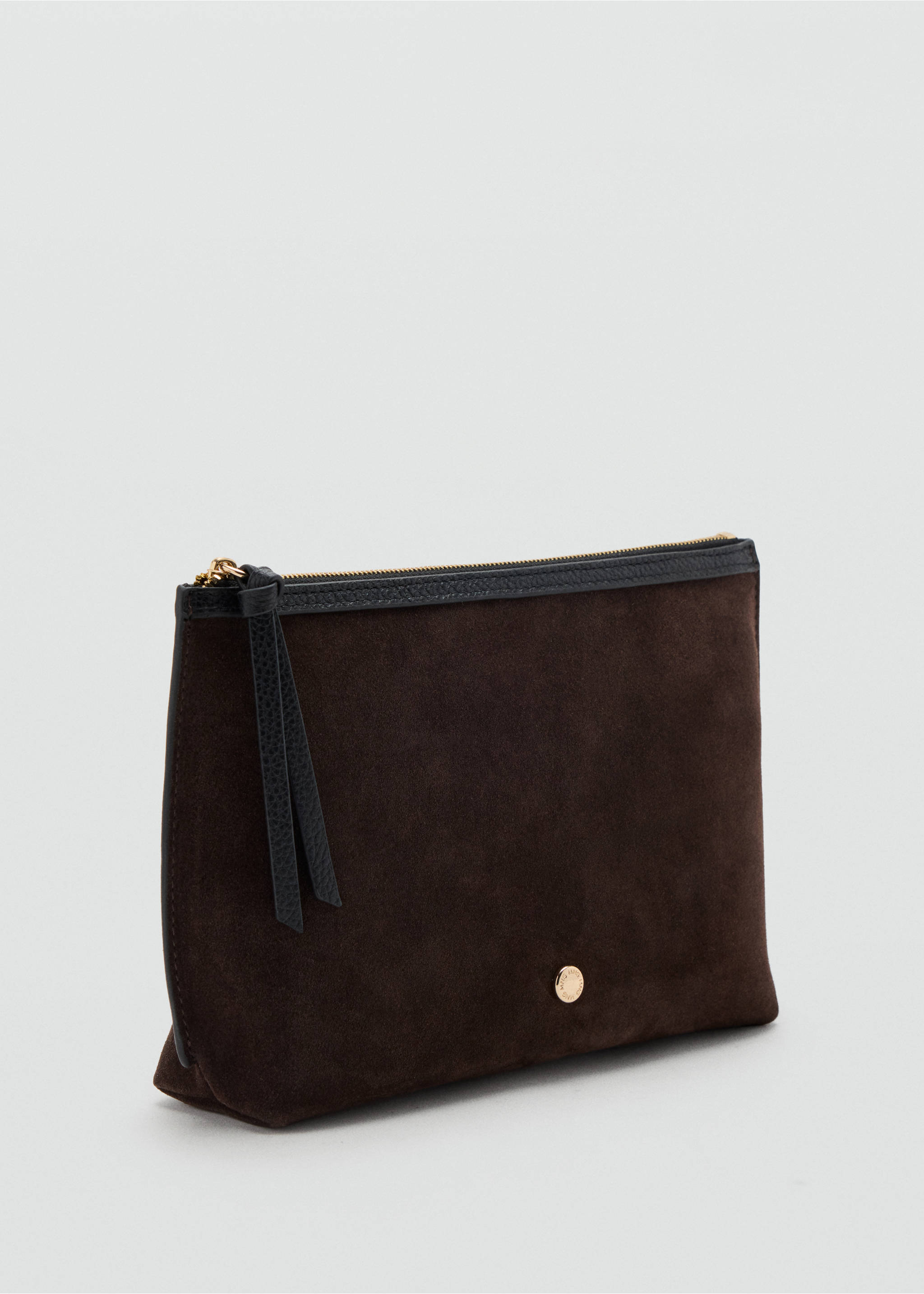 Dark brown suede cosmetic bag with black trim and gold-toned hardware., Chocolate. Ref: 47061391-00.