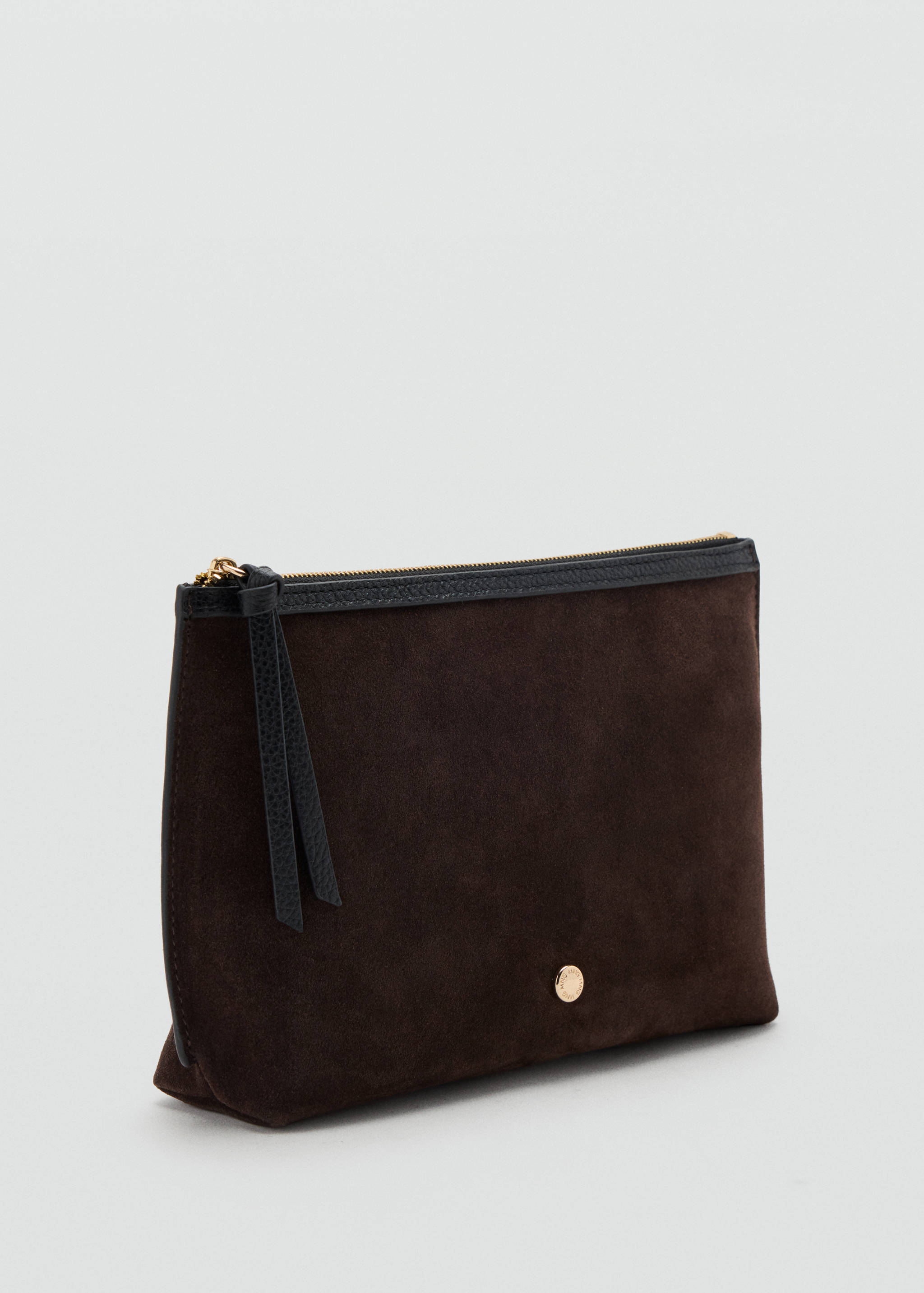 Dark brown suede cosmetic bag with black trim and gold-toned hardware.