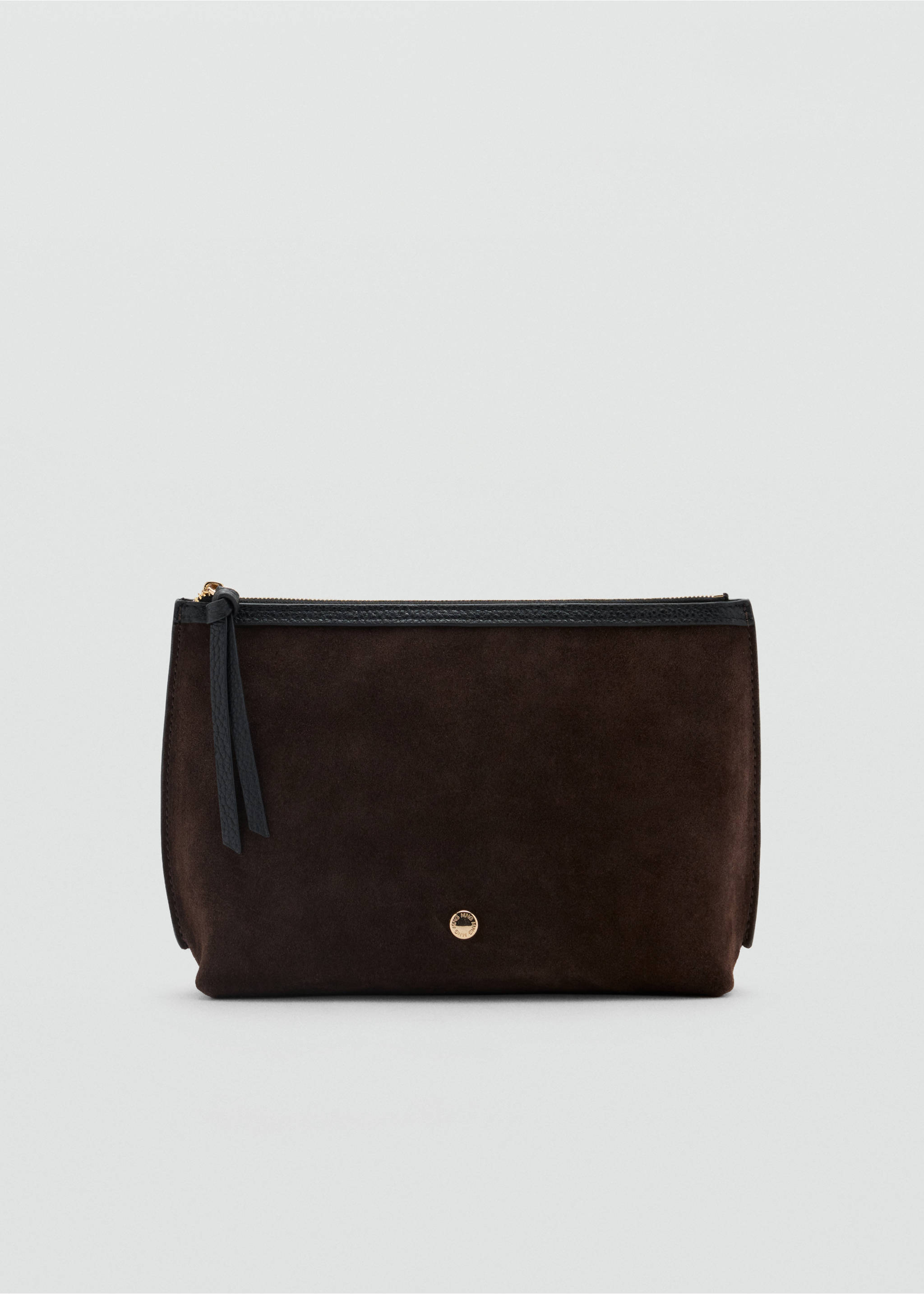 Dark brown suede cosmetic bag with black leather trim and gold hardware., Chocolate. Ref: 47061391-00.