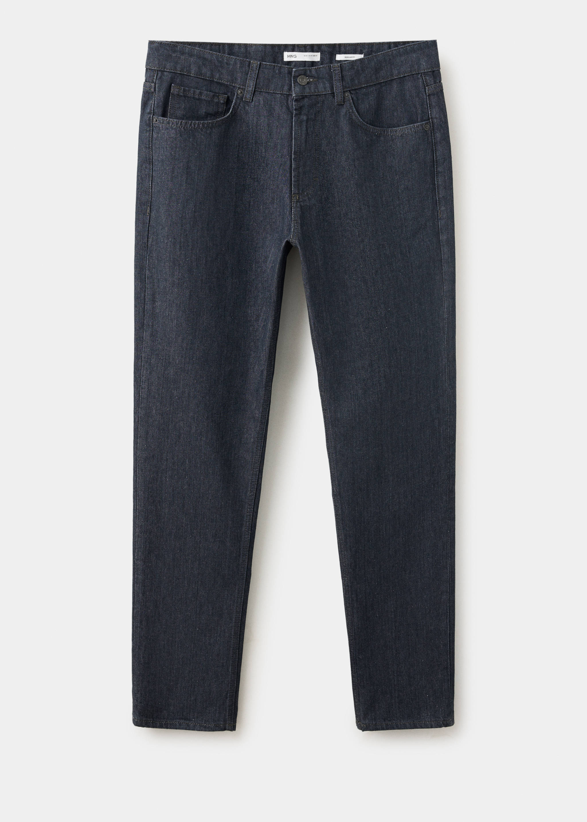 Dark blue denim trousers in a slim fit style.