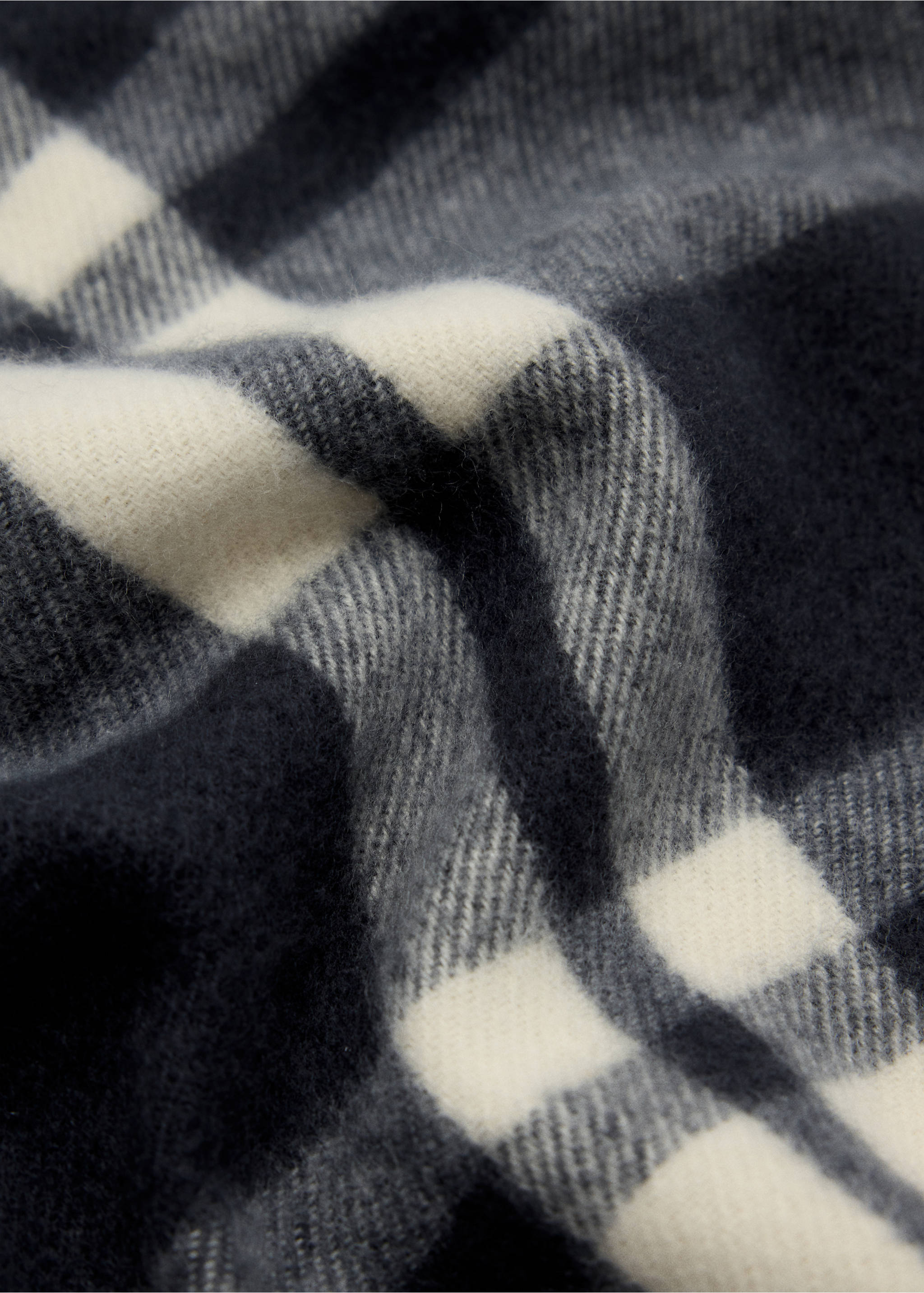 Navy blue, grey and off-white check scarf, shown in close-up., Navy. Ref: 47061408-00.