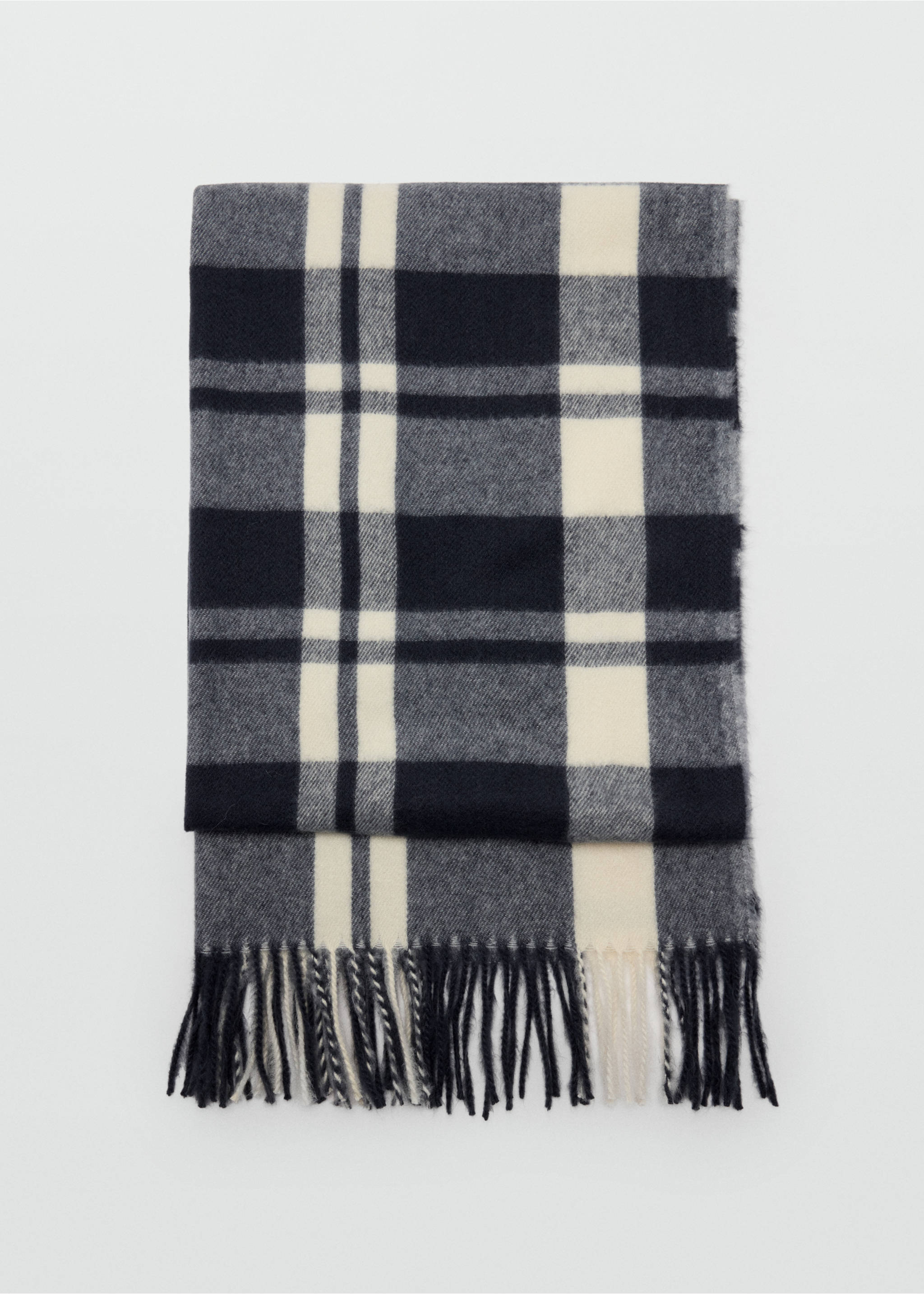 Navy, grey, and off-white plaid scarf with fringed ends., Navy. Ref: 47061408-00.