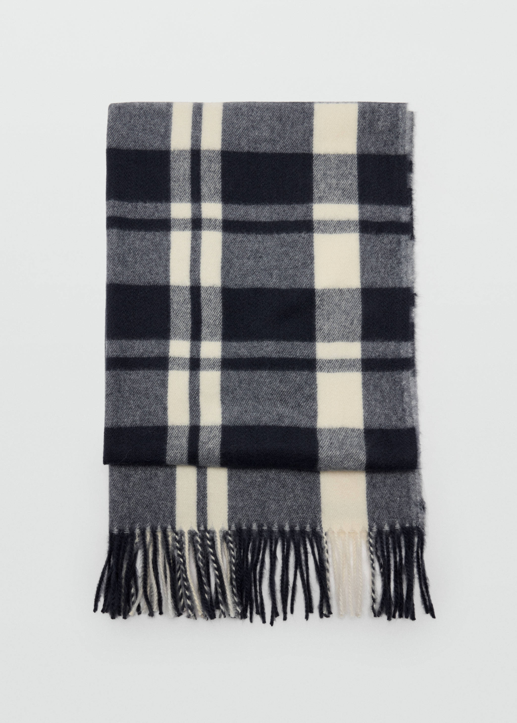 Navy, grey, and off-white plaid scarf with fringed ends.