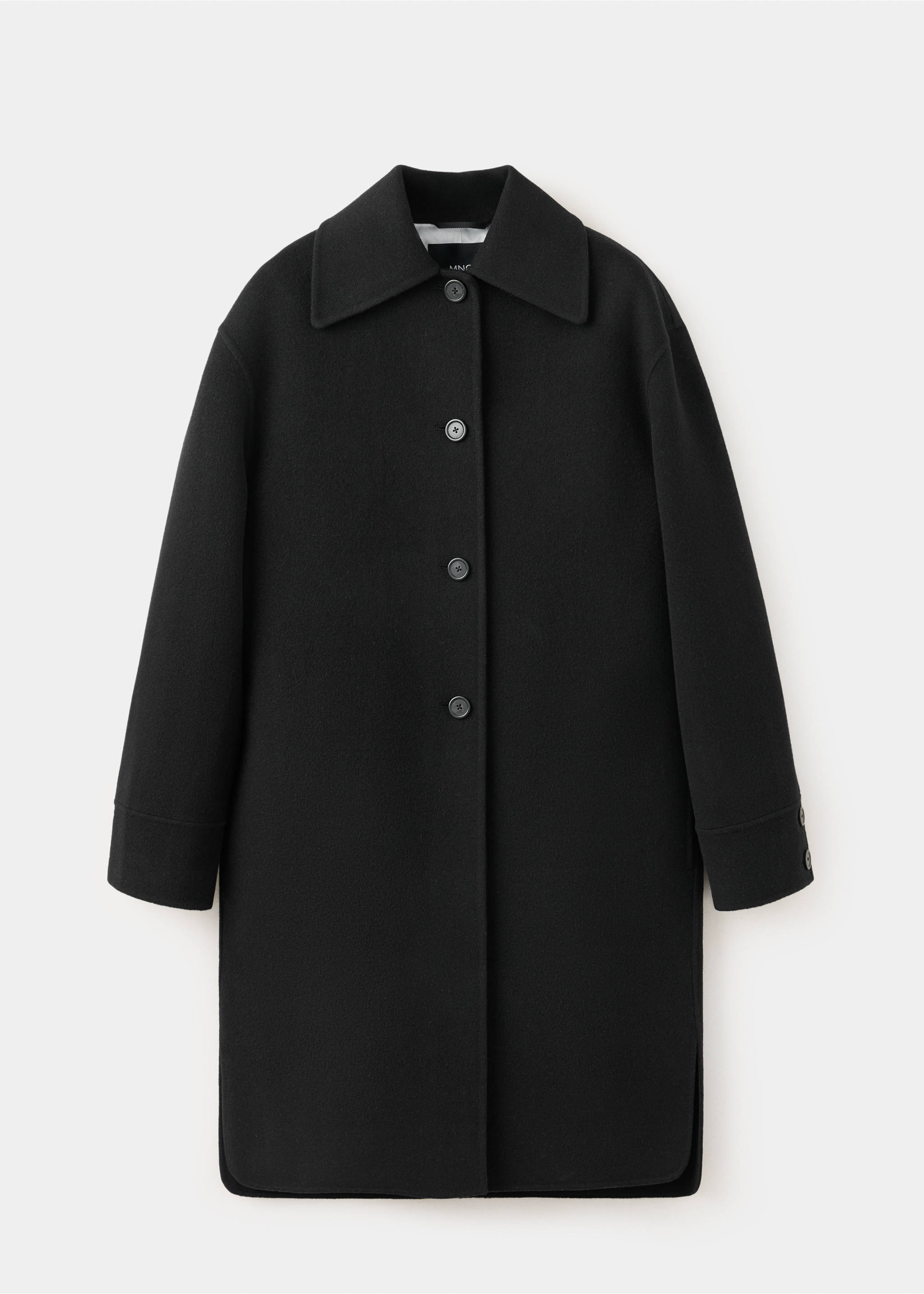 Black coat featuring a pointed collar, front button fastening and long sleeves., Black. Ref: 47061446-00.